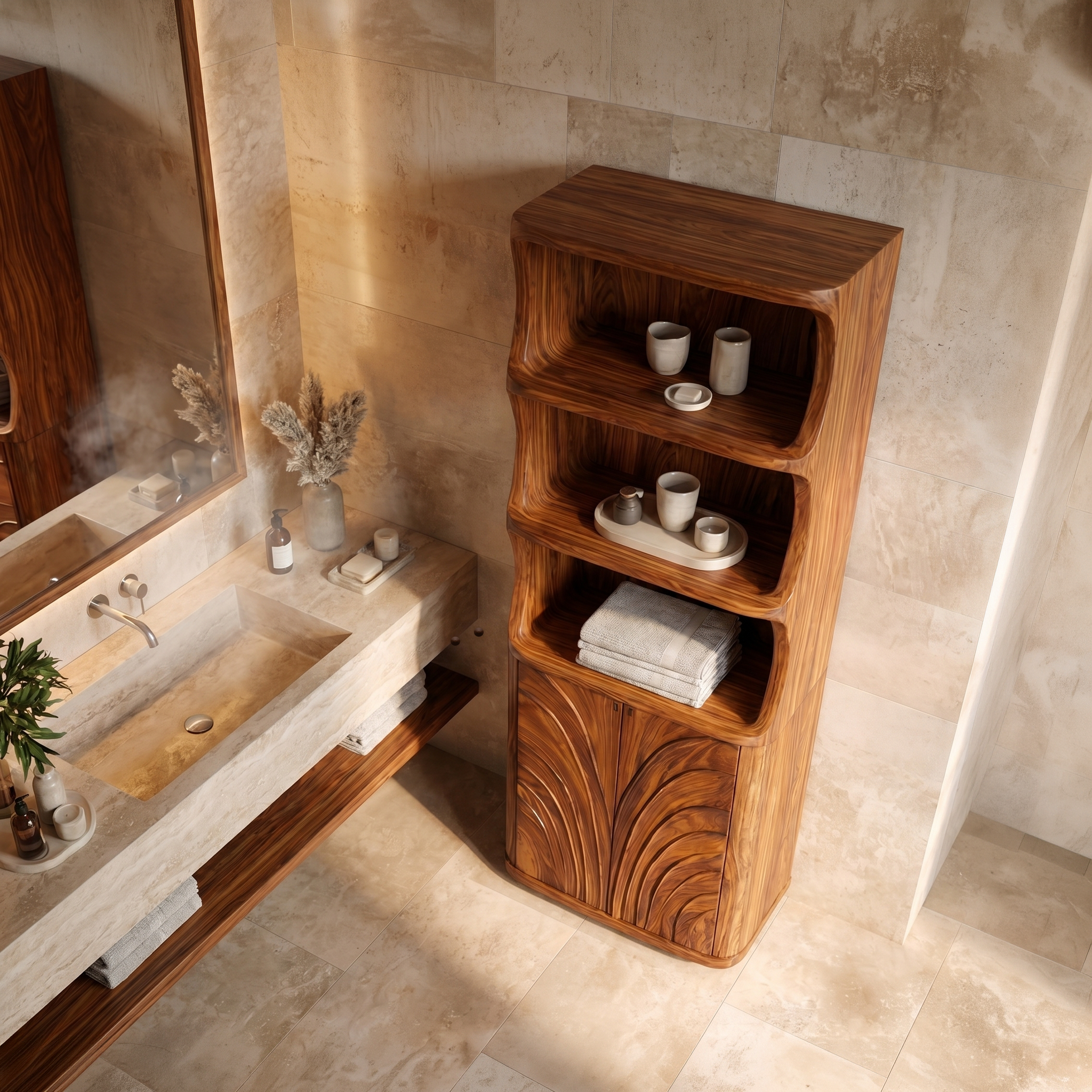 Organic Bathroom Storage Cabinet With Curved Open Shelves And Carved Wooden Doors For Bathroom SINLSABCT022