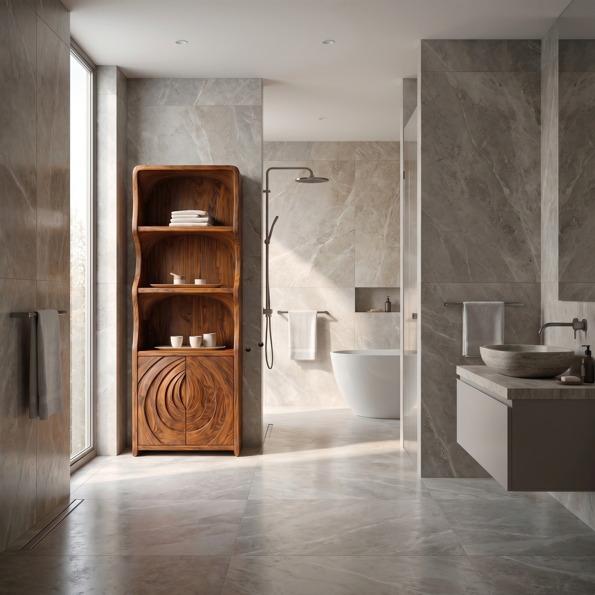 Contemporary Minimal Bathroom Storage Cabinet With Curved Shelves And Wooden Door For Bathroom SINLSABCT023