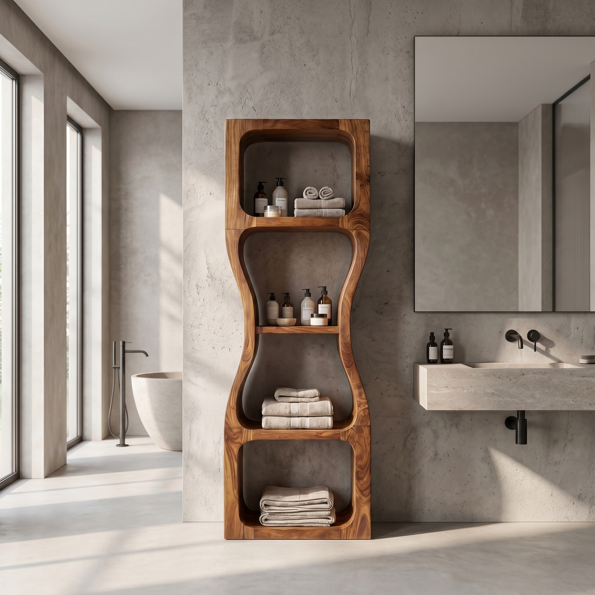 Rustic Modern Bathroom Storage Cabinet With Sculptural Wave Design And Open Shelves For Bathroom SINLSABCT027