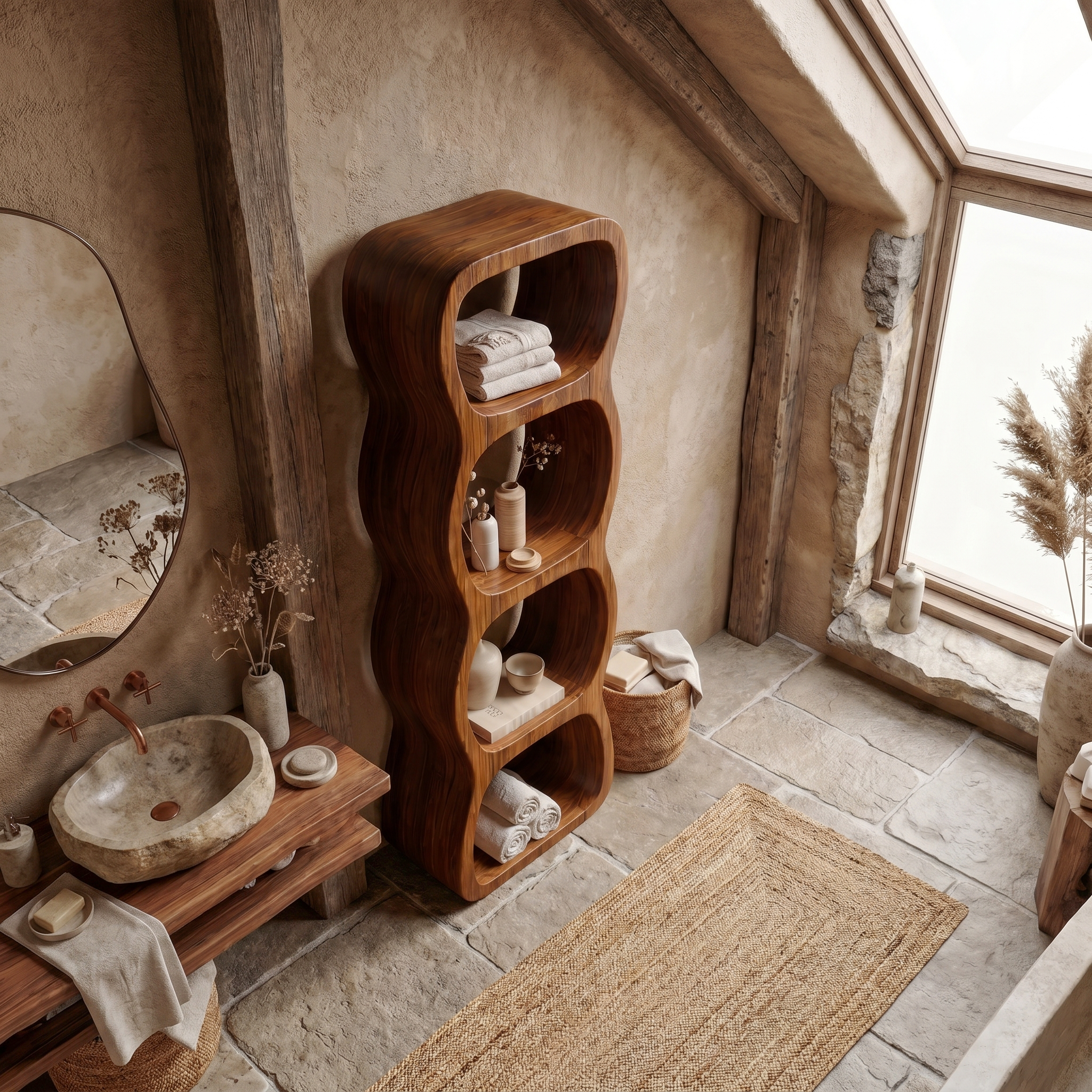 Rustic Bathroom Cabinet With Curved Wave Shape Design SINLSABCT031