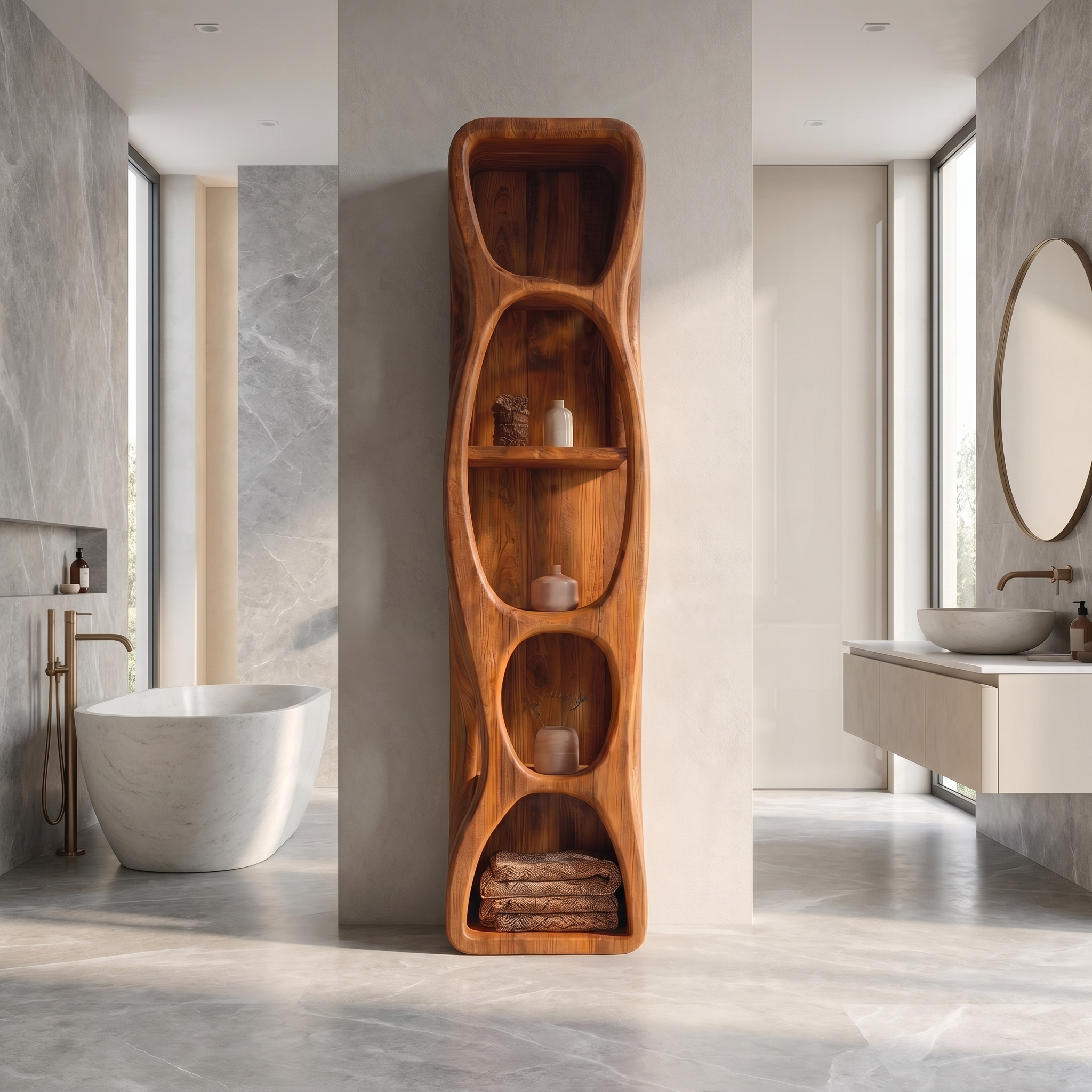 Sculptural Bathroom Cabinet With Hollow Cut Design And Open Shelving For Bathroom SINLSABCT032