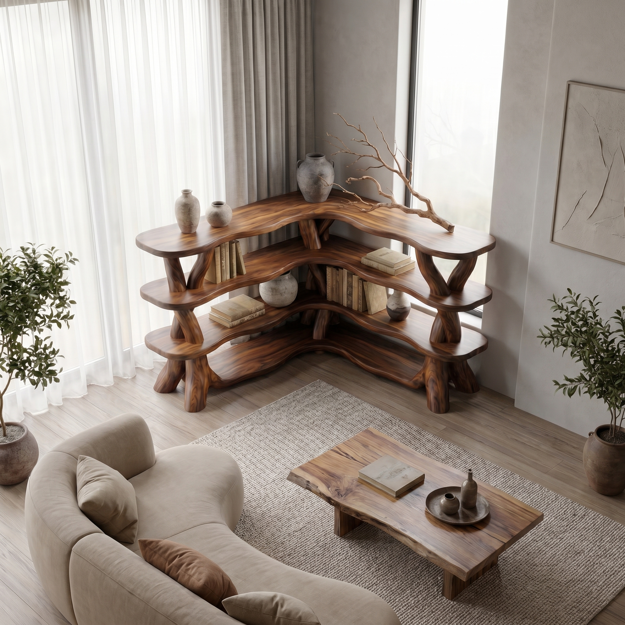 Rustic Organic Corner Bookshelf With Sculptural Tree Branch Shelves For Living Room And Bedroom SINLSABS017