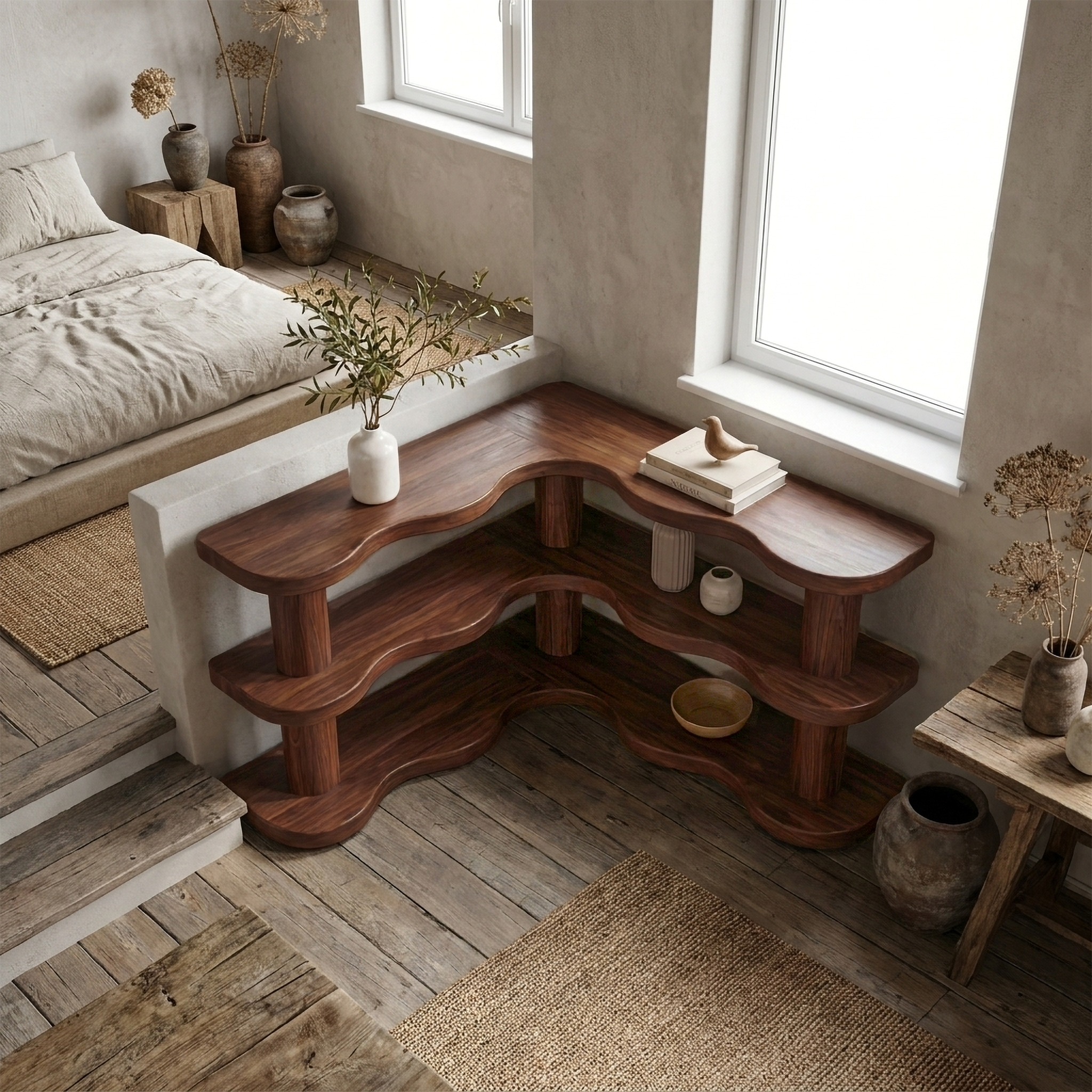 Rustic Modern Corner Bookshelf With Multi Tier Wooden Shelves For Living Room And Bedroom SINLSABS014