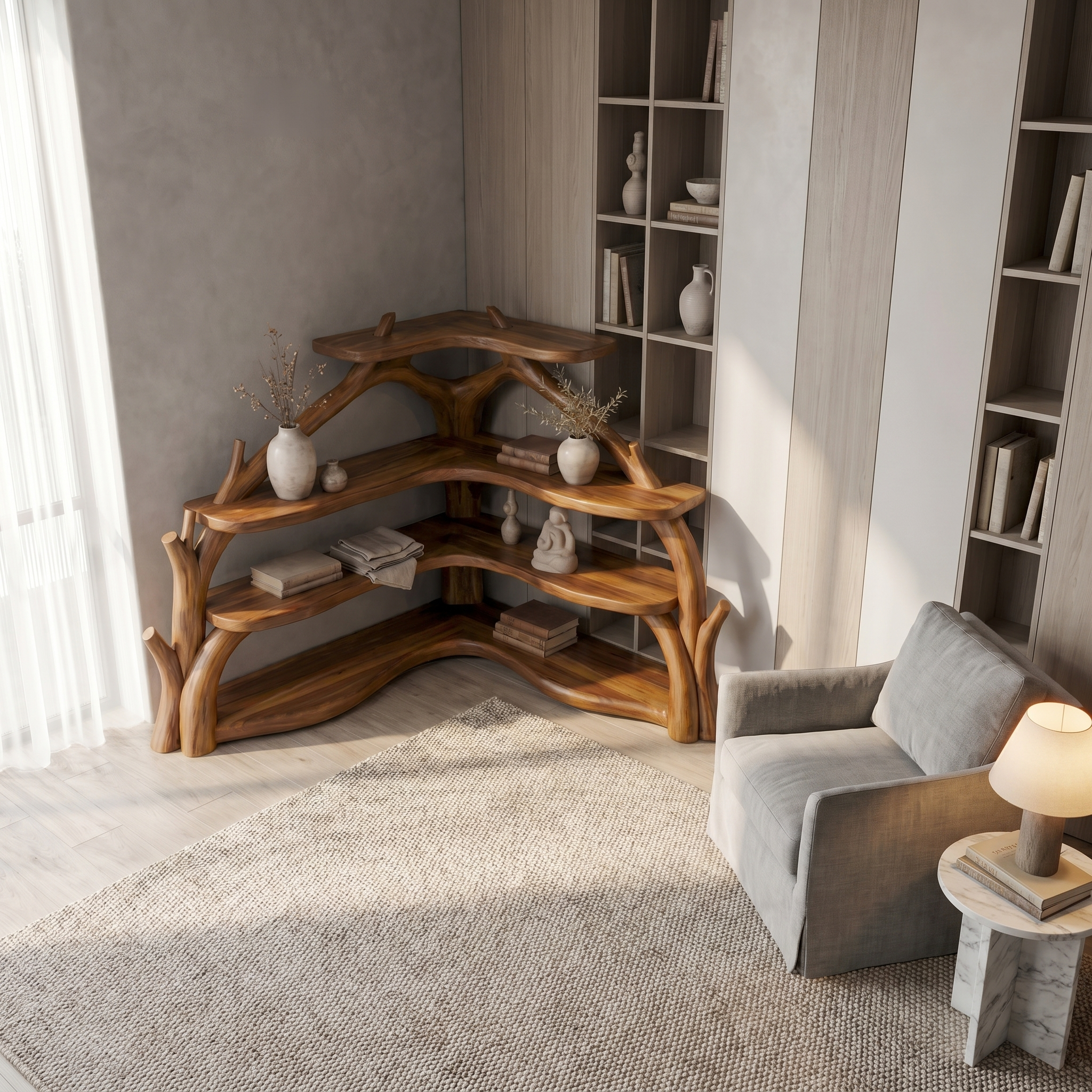 Sculptural Corner Bookcase With Natural Branch Design For Living Room SINLSABS015