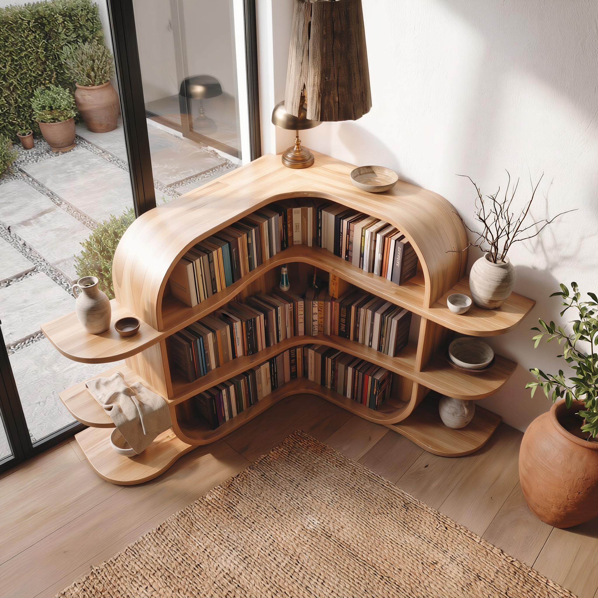 Scandinavian Arched Corner Bookshelf With Multi Tier Open Shelves For Living Room And Bedroom SINLSABS018