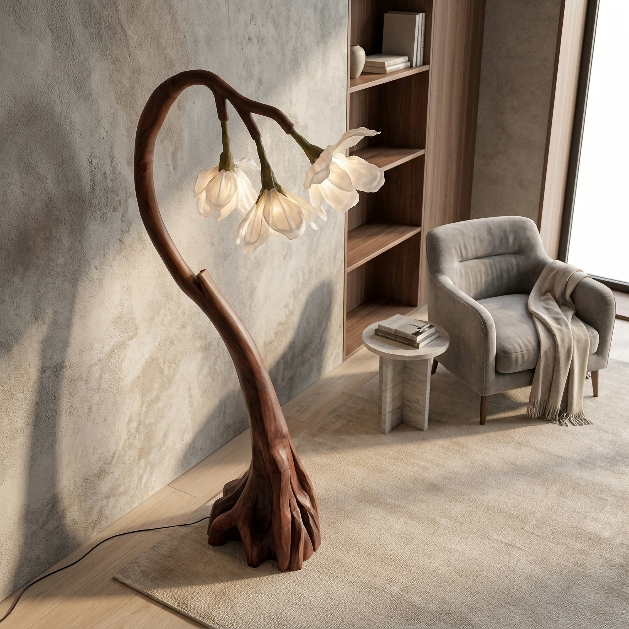 Floral Floor Lamp With Organic Wood Base For Living Room And Bedroom SINLSAFLP071