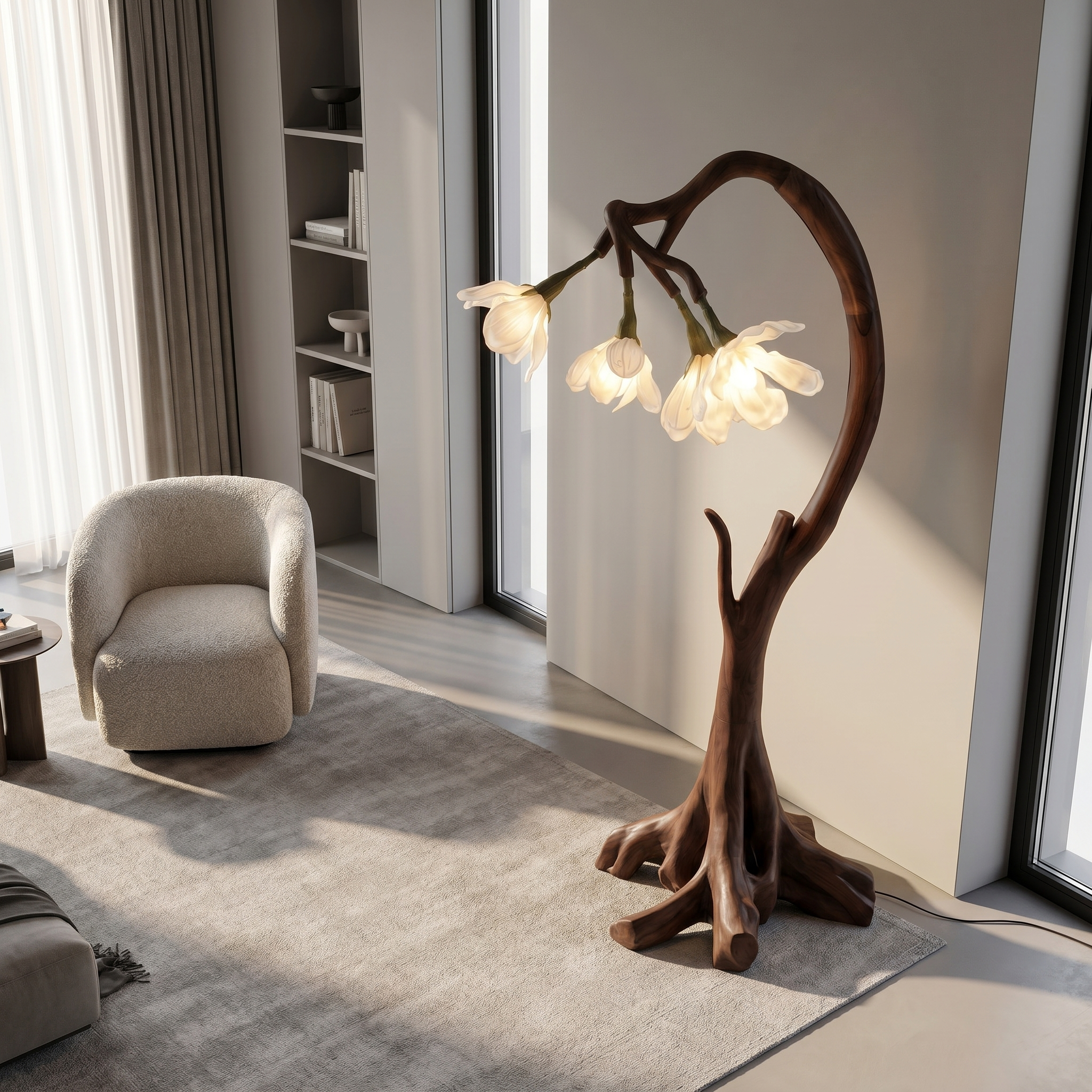 Bloom Floor Lamp With Sculptural Wooden Stand For Living Room And Bedroom SINLSAFLP072