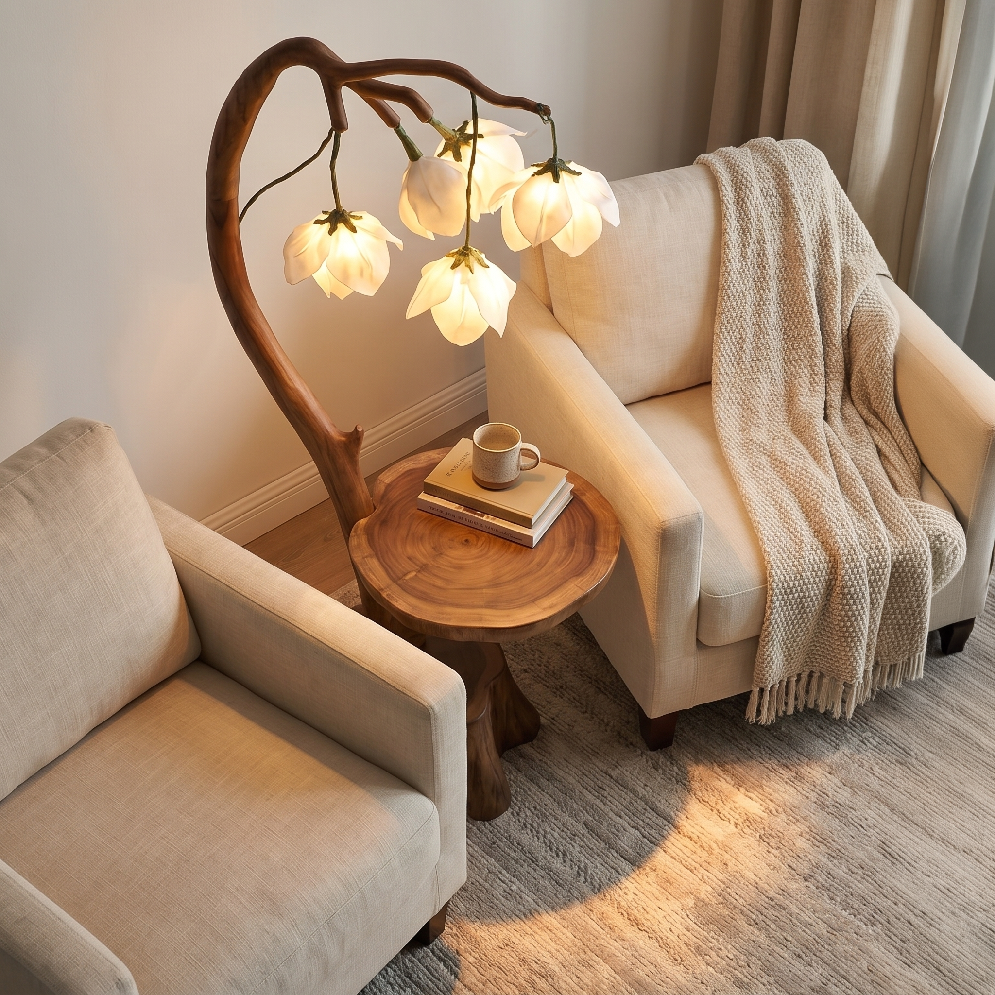 Sculptural Flower Floor Lamp With Handmade Wood Base For Living Room And Bedroom SINLSAFLP075