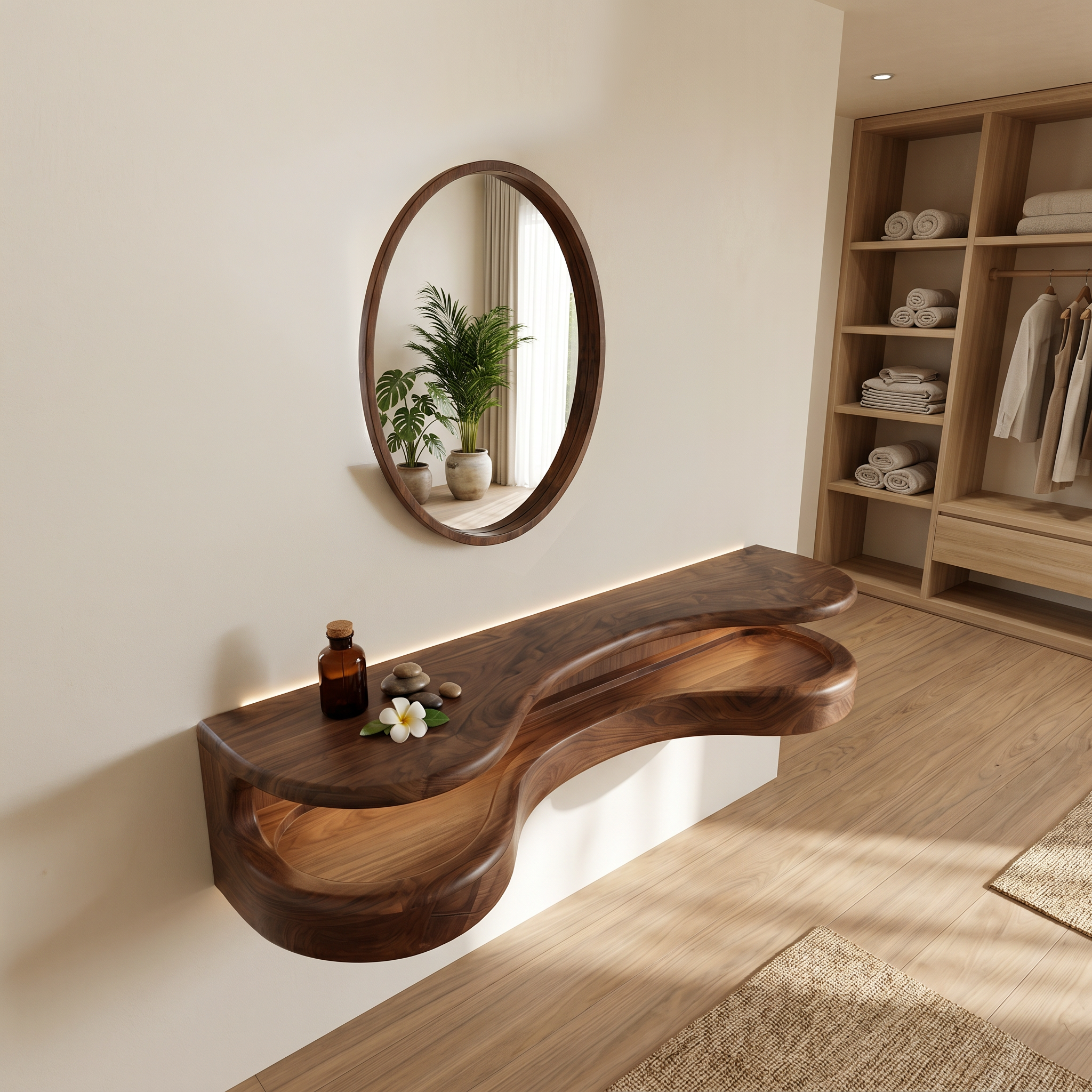Organic Floating Vanity Desk With Rounded Wood Shelf For Bedroom SINLSABDT071