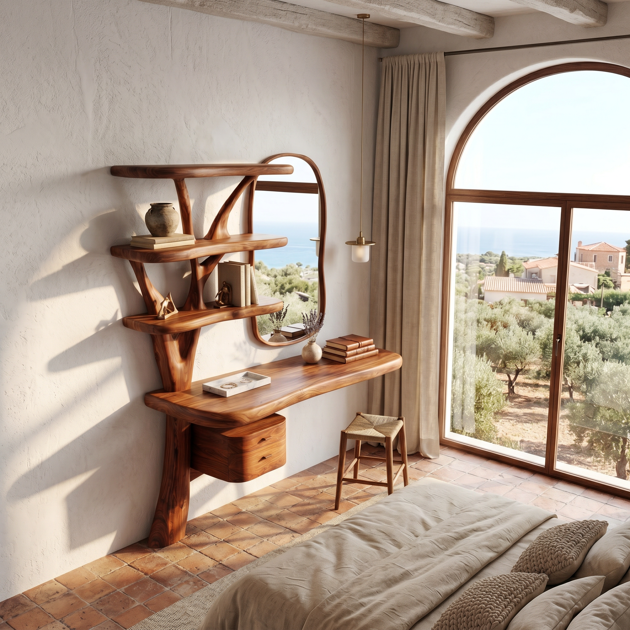 Sculptural Tree Vanity Desk With Curved Wood Shelves For Bedroom SINLSABDT075