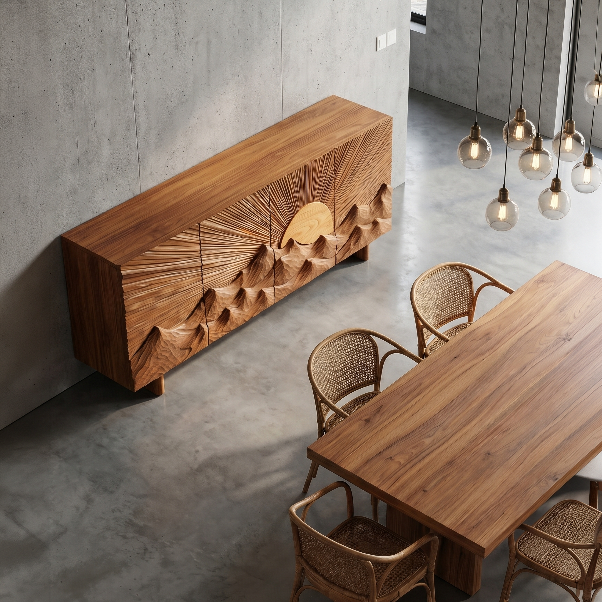Contemporary Landscape Sideboard With Sculptural Carved Wood Doors For Living Room SINLSASC517