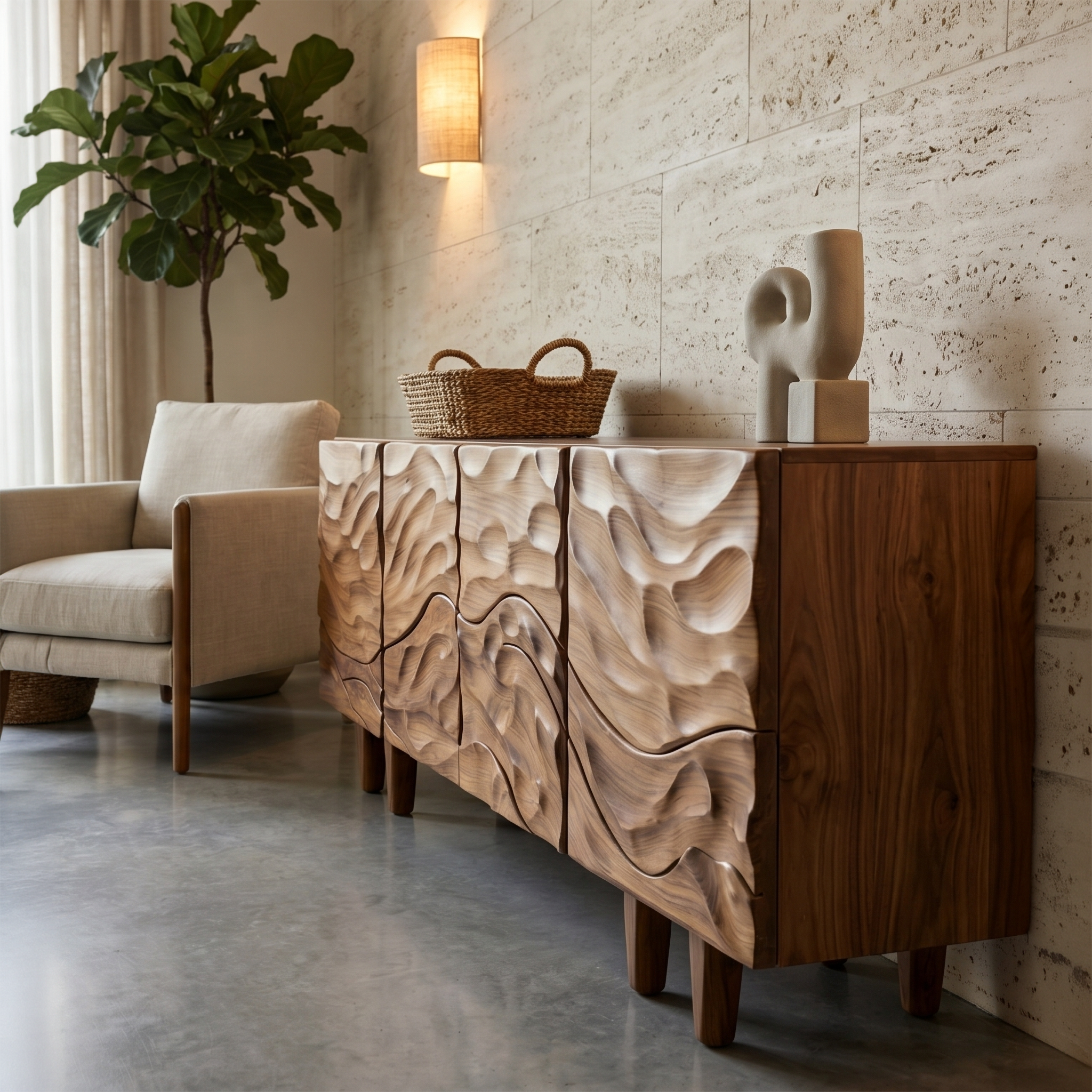 Sculptural Sideboard With Flowing Wood Grain Doors For Living Room SINLSASC520