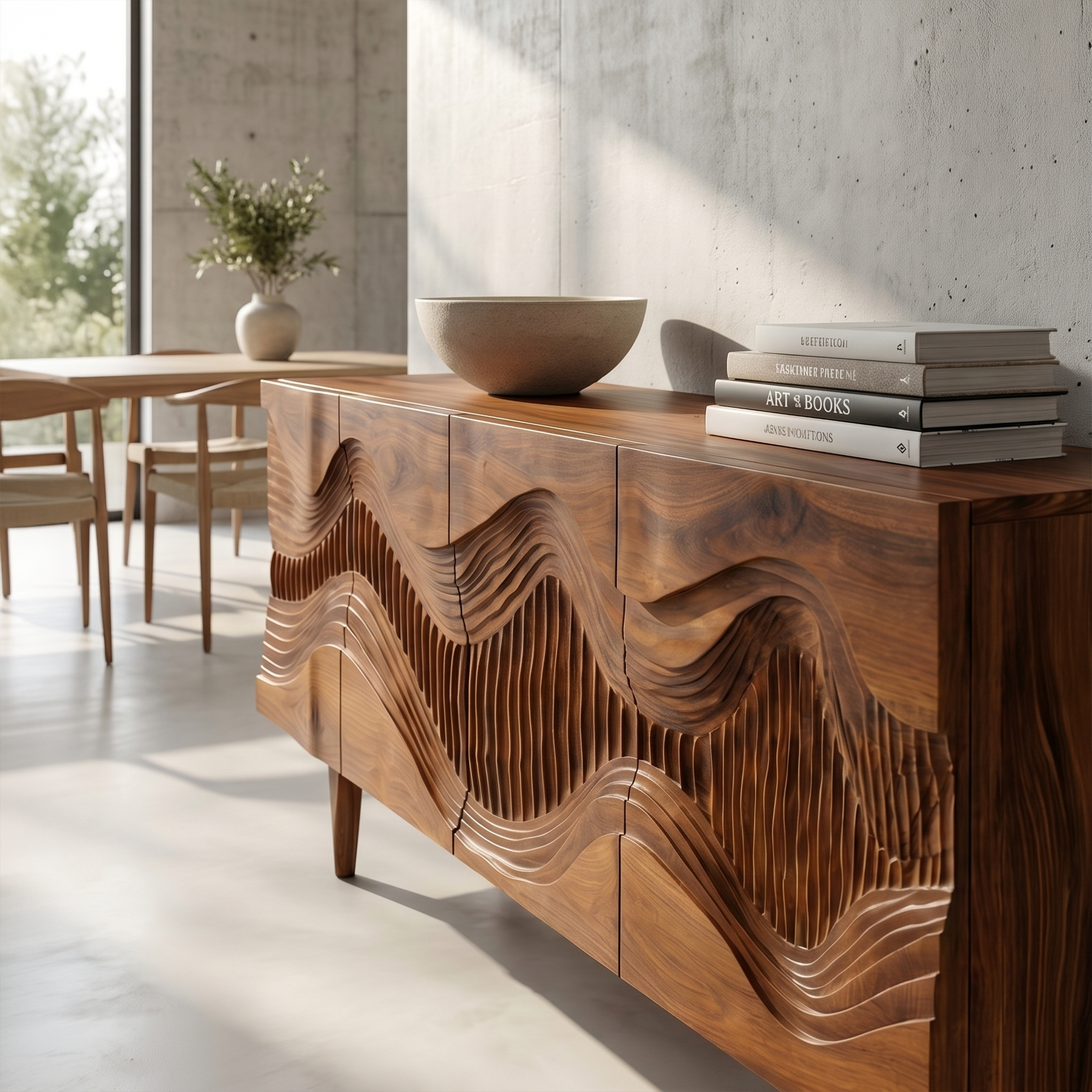 Mid Century Sideboard With Sculptural Wave Carved Wood Doors For Living Room SINLSASC524