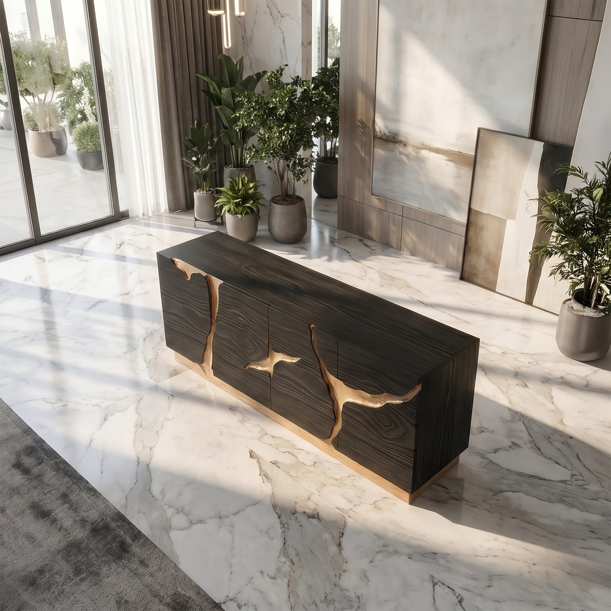 Organic Sideboard With Charred Wood Doors And Natural Live Edge Inlay For Living Room SINLSASC529
