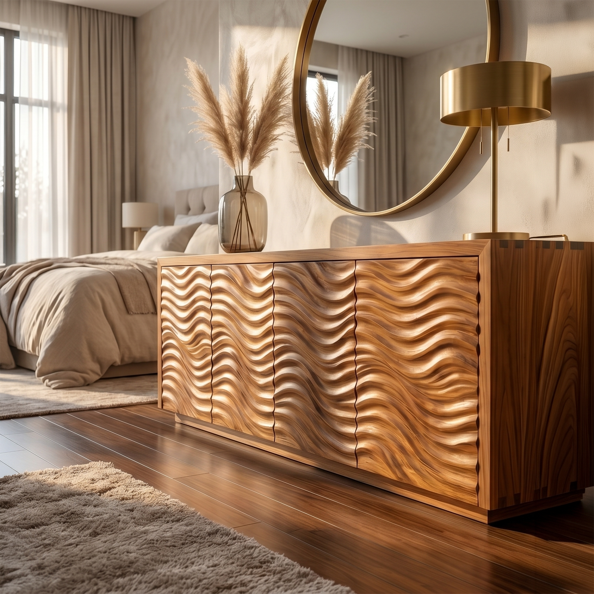 Rustic Sideboard With Hand Carved Wave Wood Doors And Solid Wood Storage For Living Room SINLSASC530