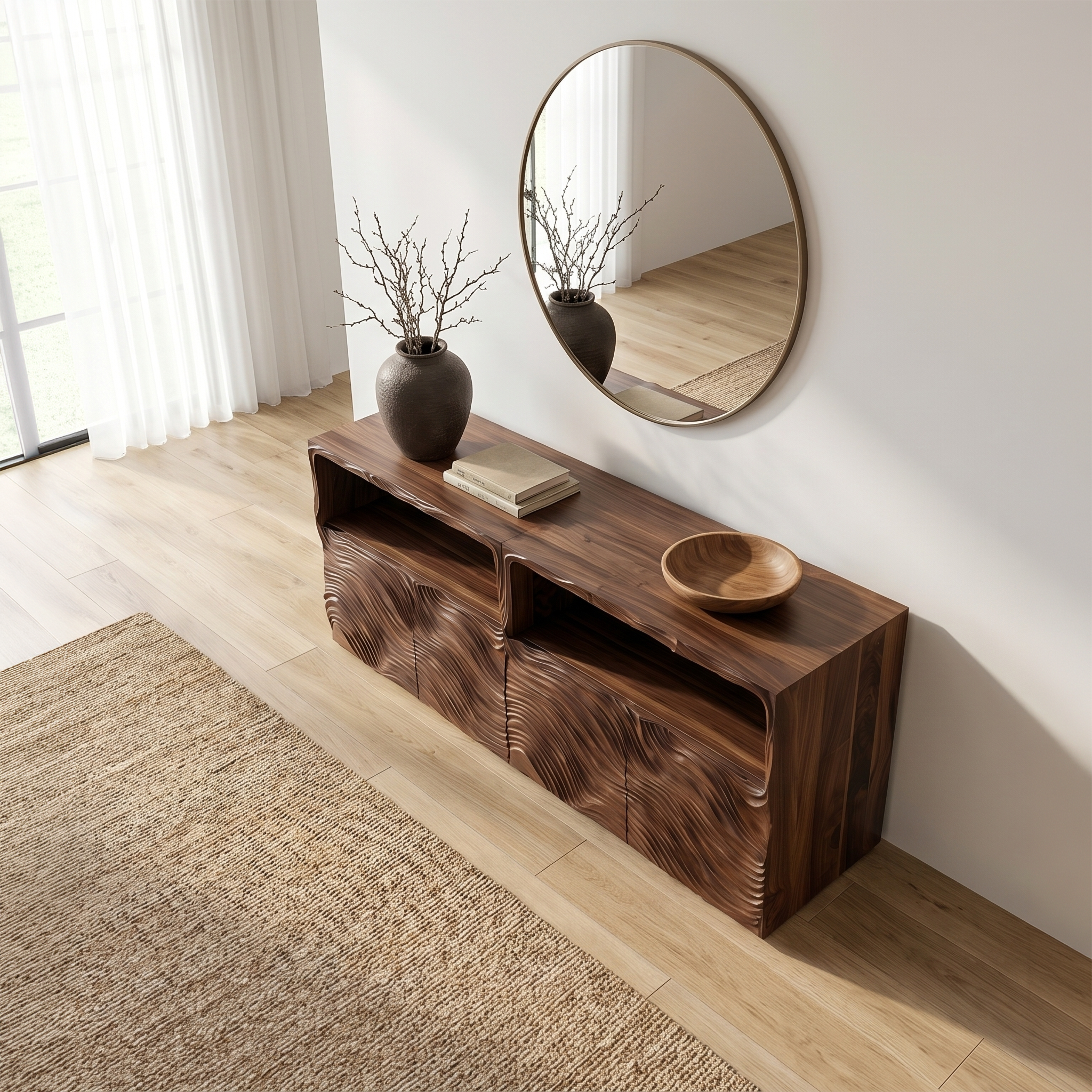 Modern Sideboard With Hand Carved Wave Wood Doors And Open Display Shelves For Living Room SINLSASC532