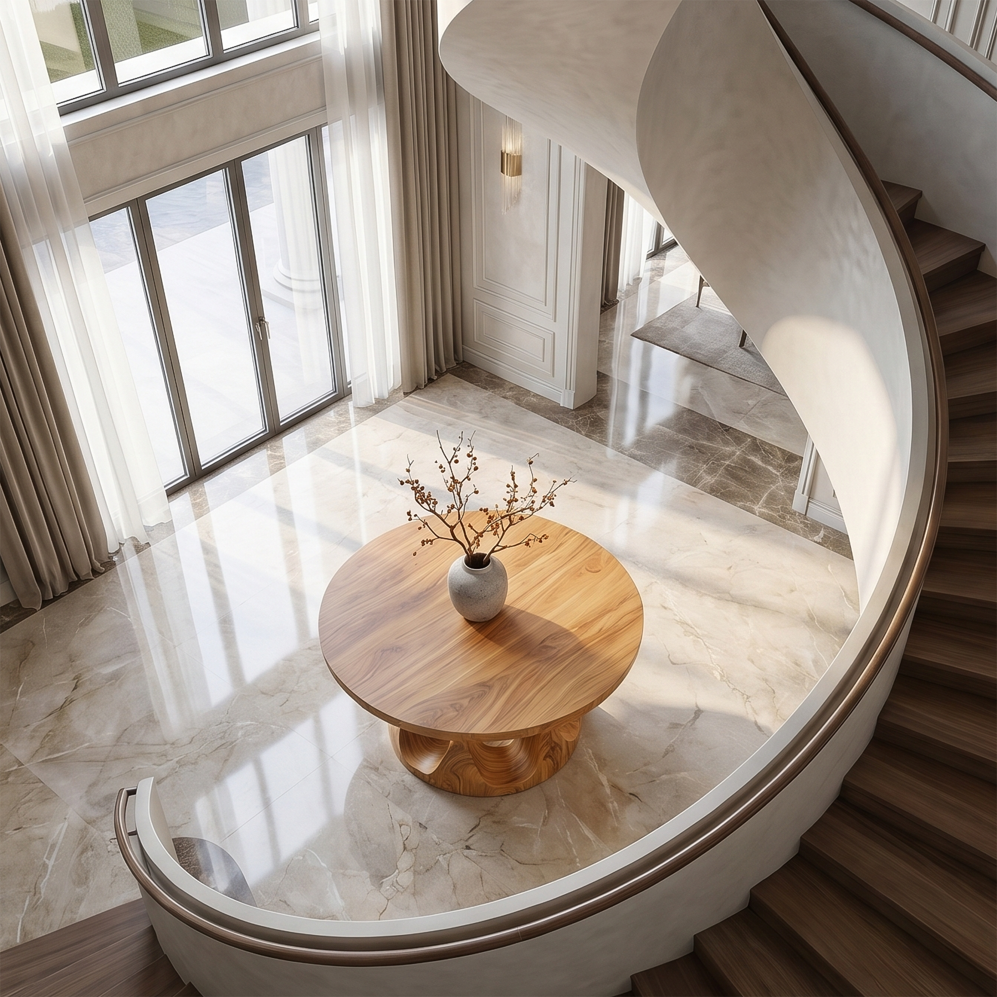 Organic Round Foyer Table With Sculptural Dual Ring Pedestal Base For Entryway And Hallway SINLSAFT045