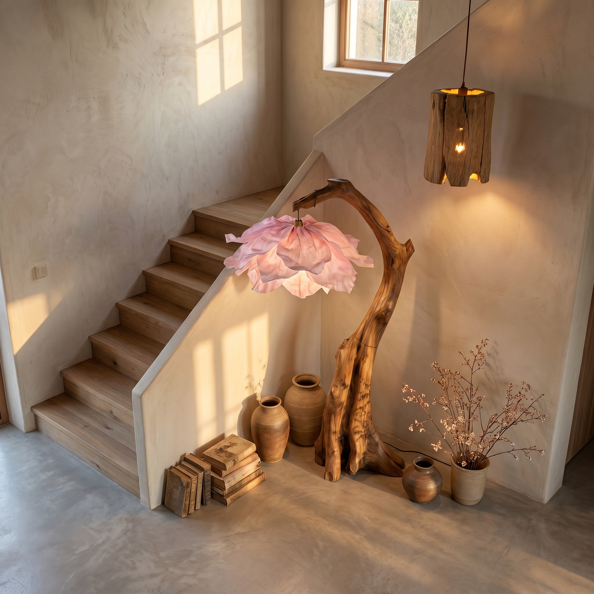 Handmade Flower Floor Lamp With Sculptural Wood Base For Living Room And Bedroom SINLSAFLP079