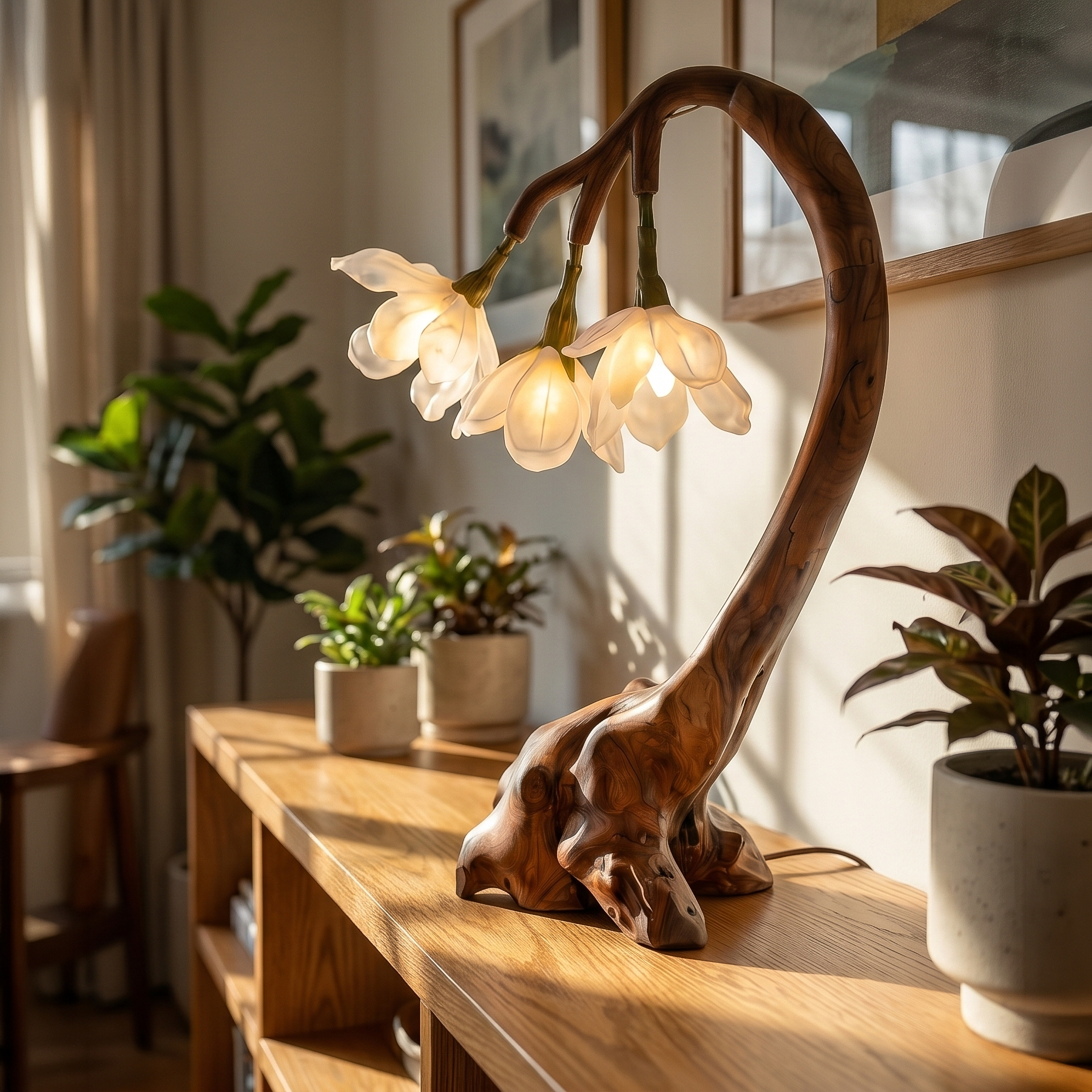 Organic Flower Table Lamp With Sculptural Wood Base For Bedroom And Living Room SINLSATL002