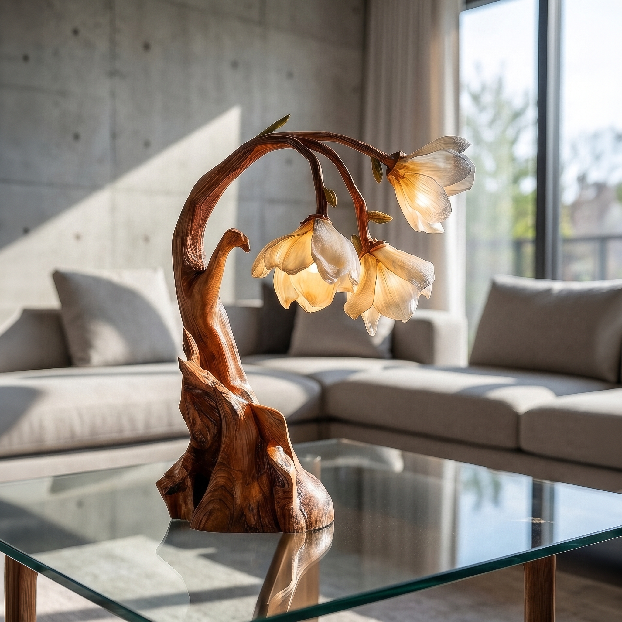 Contemporary Floral Table Lamp With Sculptural Solid Wood Base For Bedroom And Living Room SINLSATL007