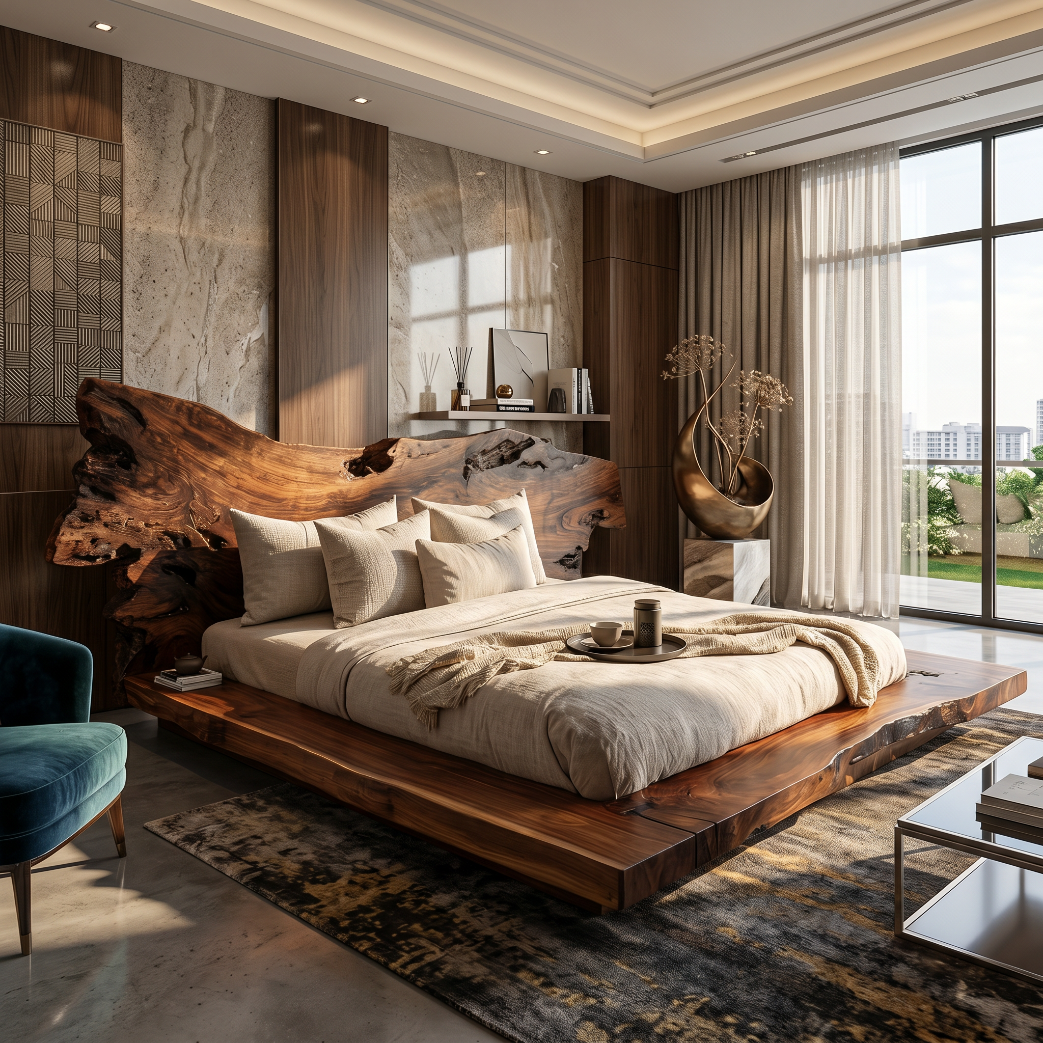 Contemporary Low Profile Bed Frame With Organic Wood Headboard For Bedroom SINLSAWB129