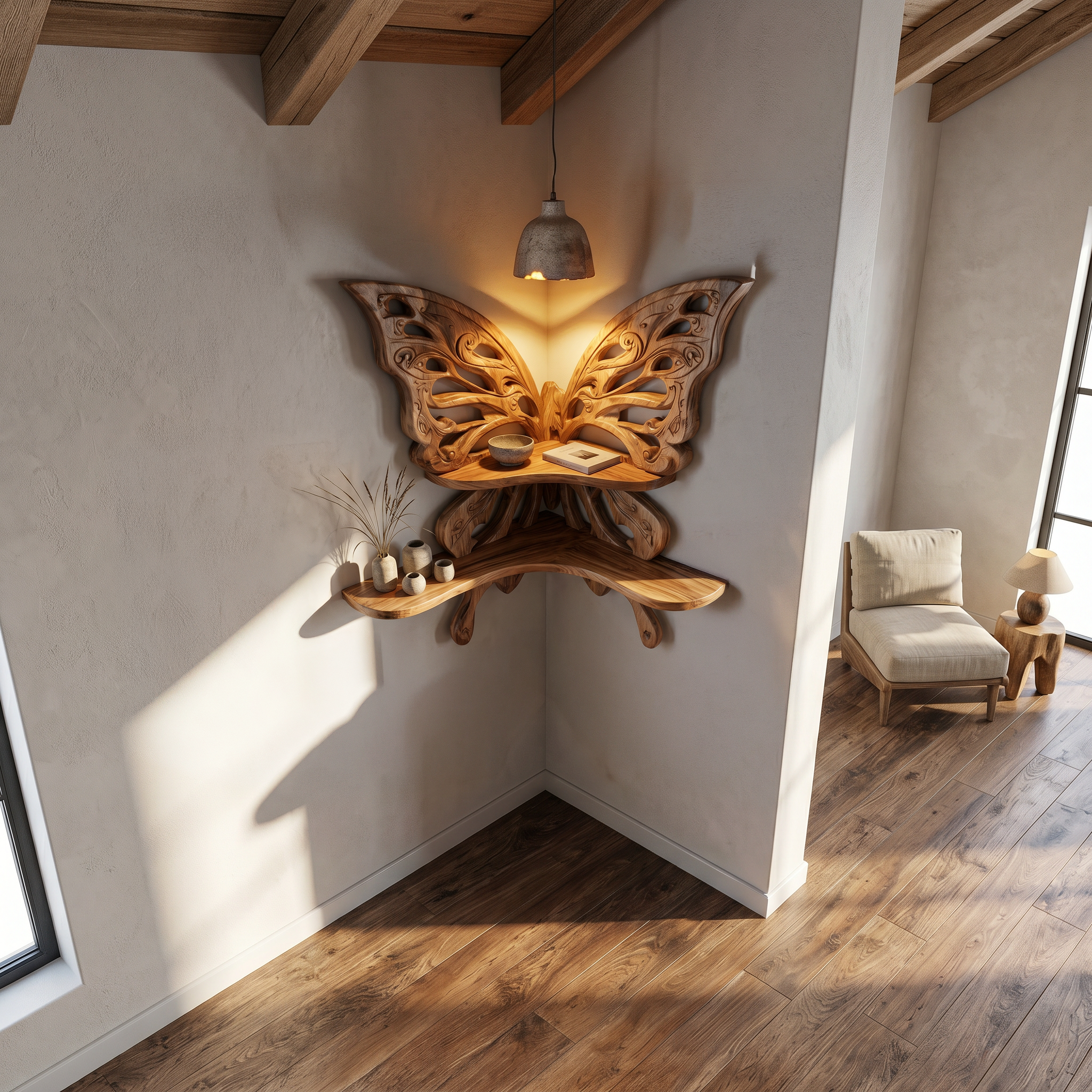Butterfly Inspired Floating Shelf With Sculptural Live Edge Wood Design For Living Room SINLSAFL545