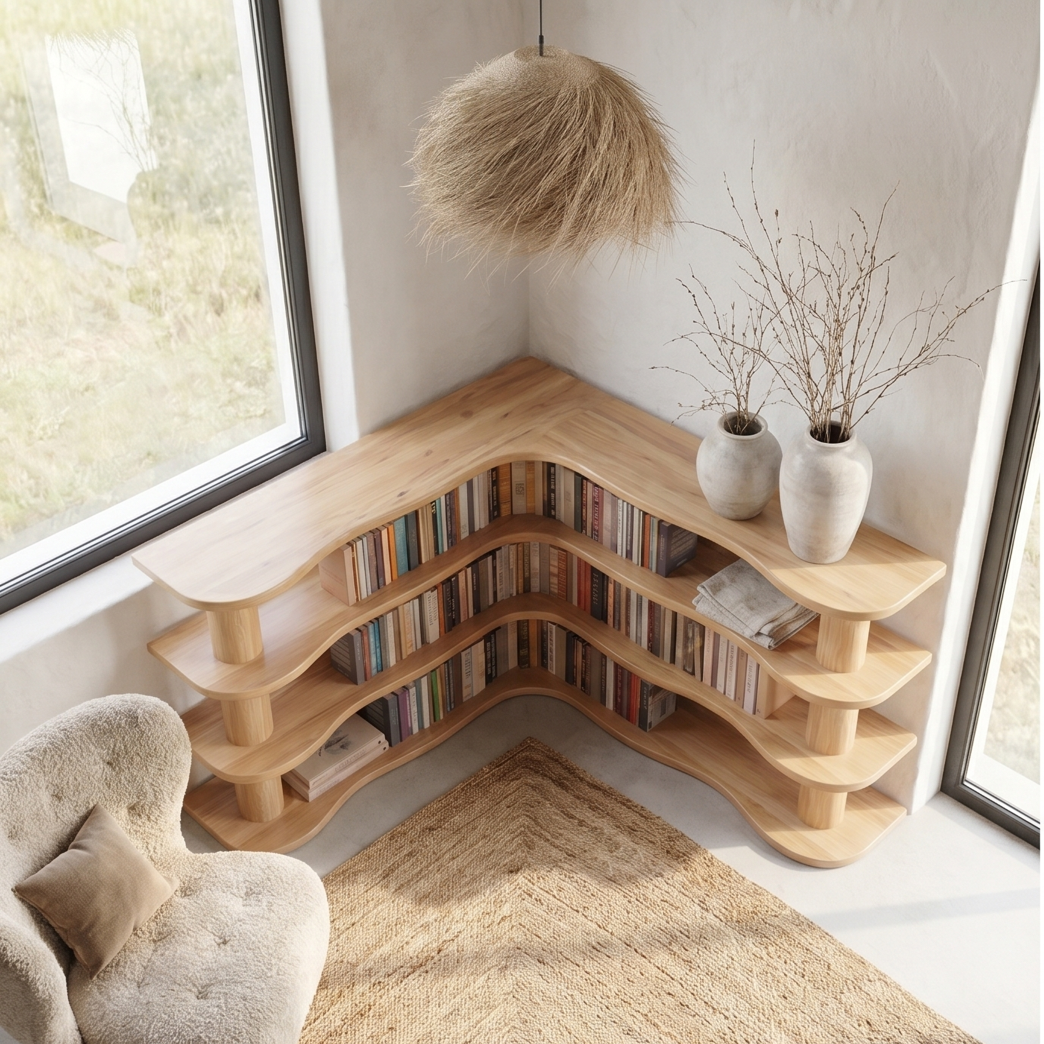 Scandinavian Corner Bookshelf With Rounded Multi Tier Wooden Shelves For Living Room And Bedroom SINLSABS020