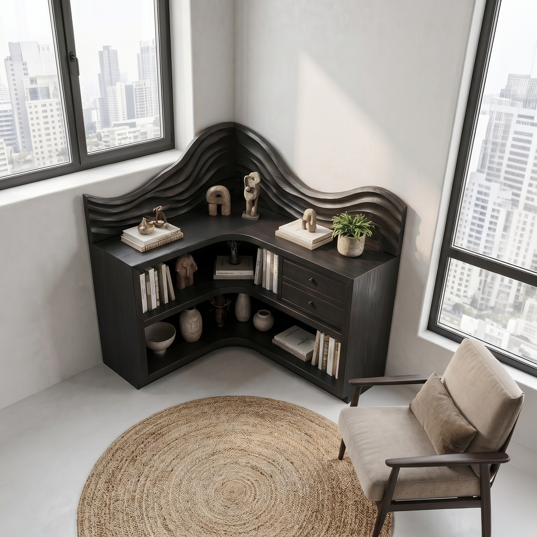 Rustic Corner Bookshelf With Arched Open Shelves And Drawer Storage For Living Room And Bedroom SINLSABS024