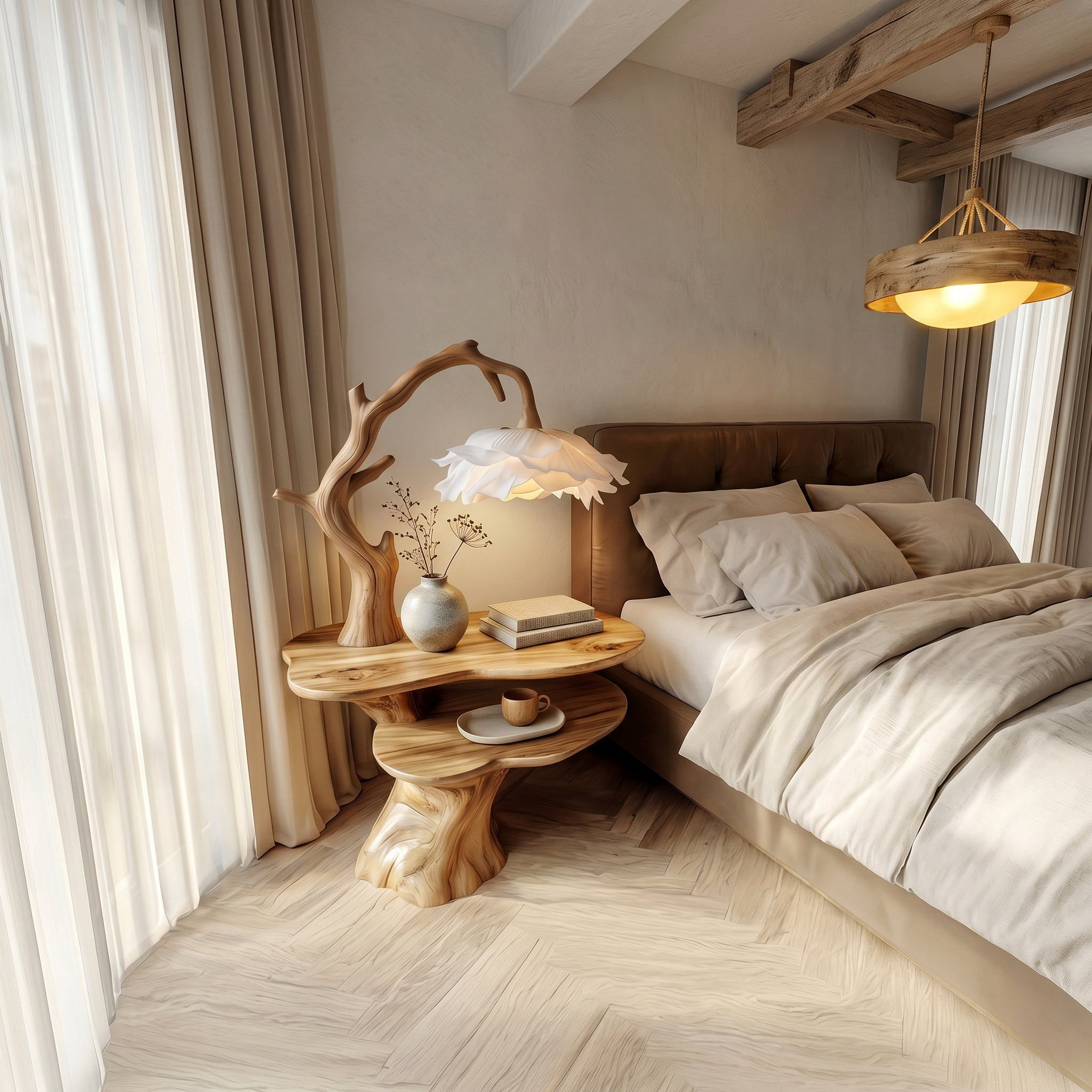 Natural Bedside Table With Floral Lamp And Tree Branch Form For Bedroom And Guest Room SINLSABT270
