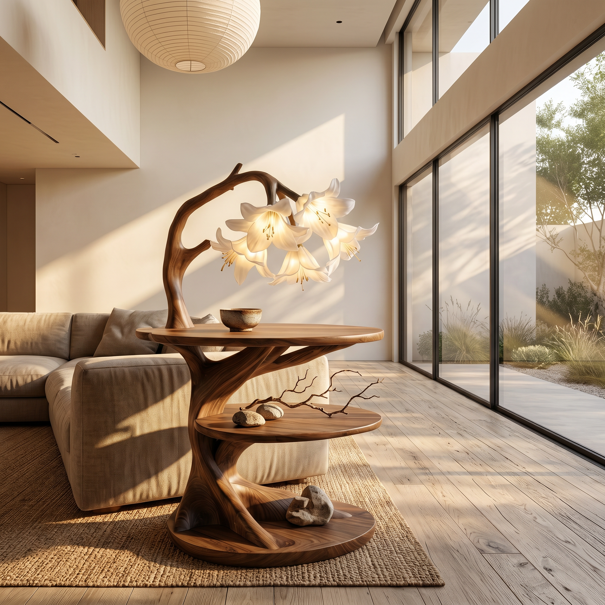 Rustic Side Table With Flower Shade Lamp For Bedroom And Living Room SINLSABT272