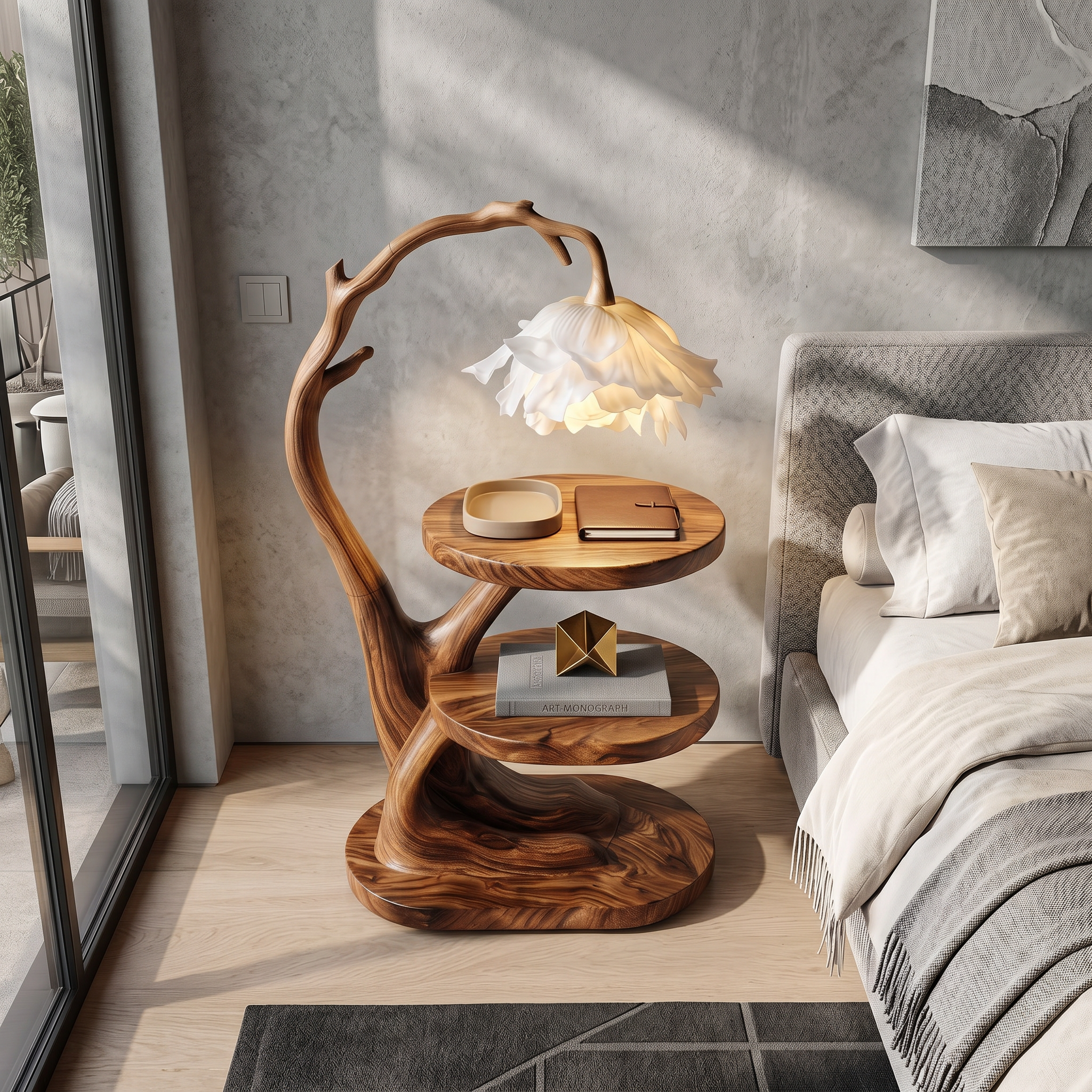 Organic Bedside Table With Sculptural Flower Lamp For Bedroom And Reading Nook SINLSABT273