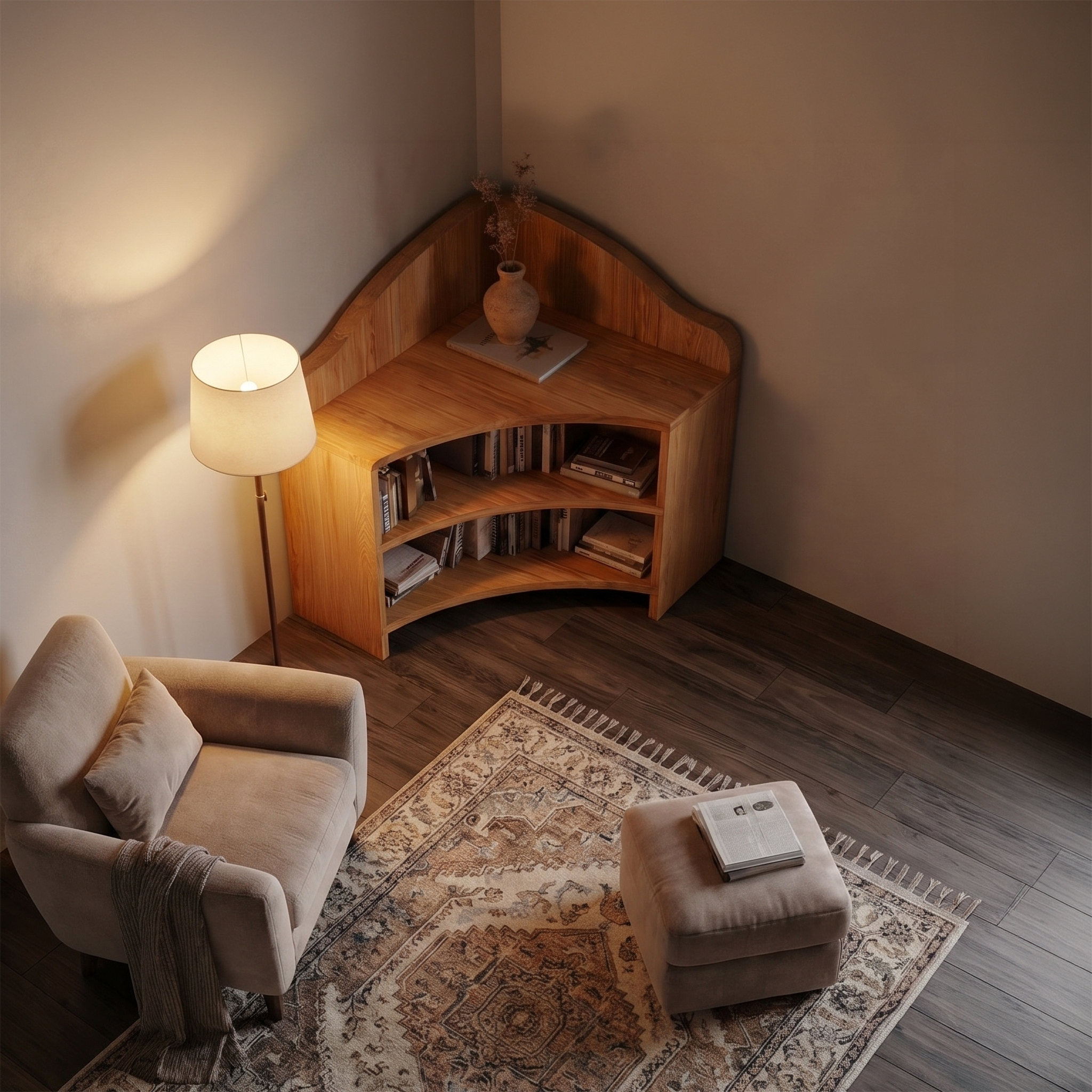 Minimal Corner Bookshelf With Clean Wooden Structure For Living Room SINLSABS026
