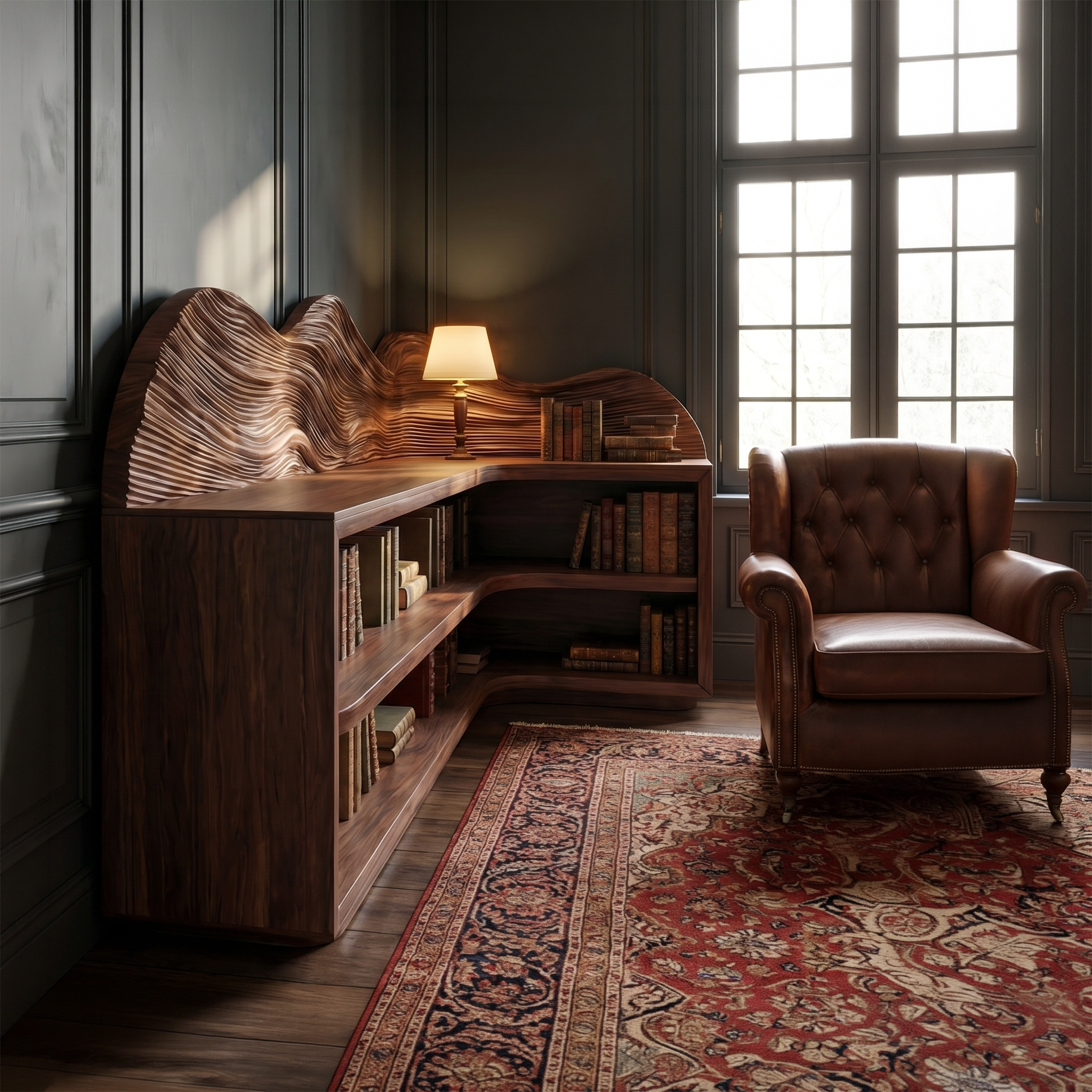 Contemporary Corner Bookcase With Sculptural Wooden Shelves For Living Room SINLSABS030