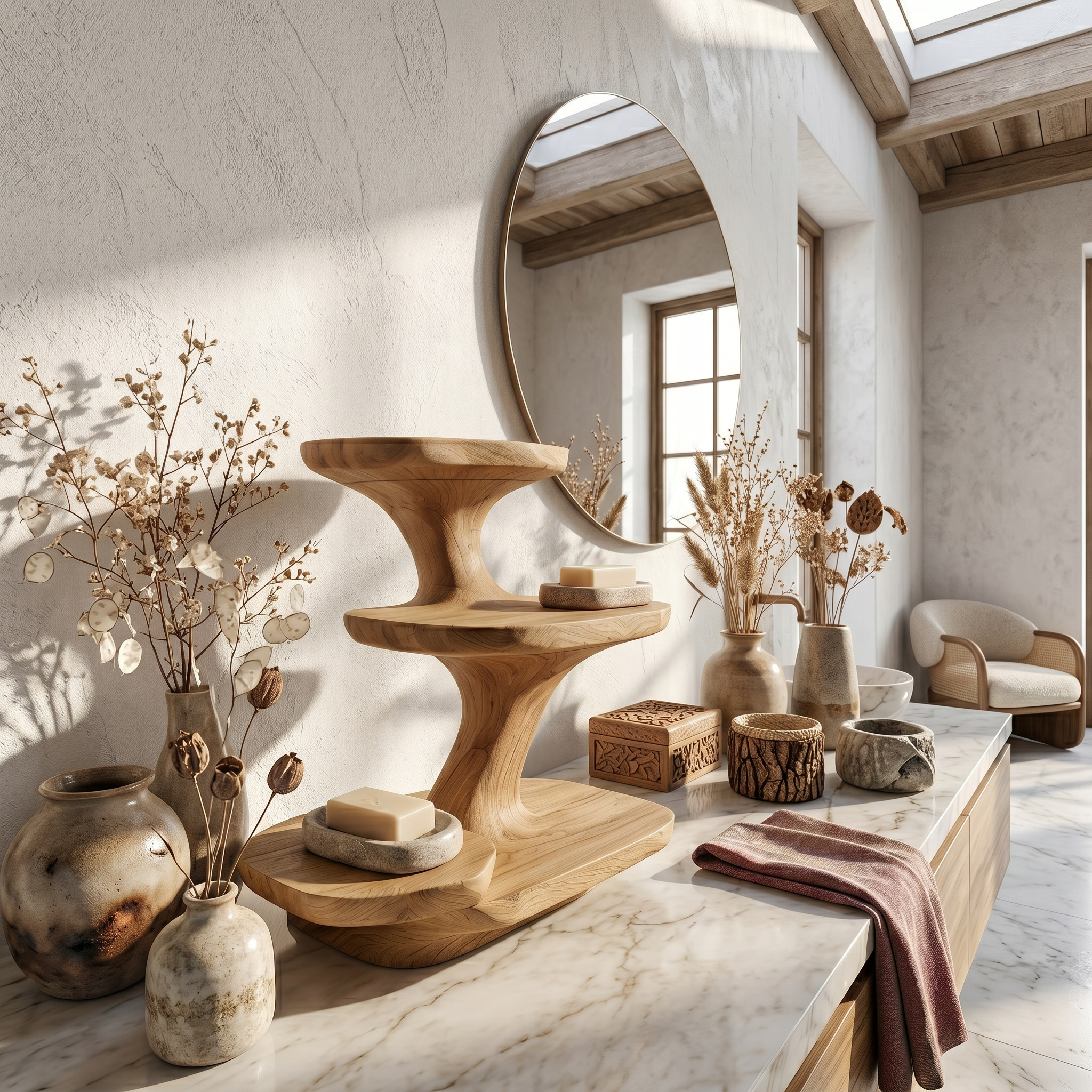 Organic Modern Bathroom Vanity Shelf With Sculptural Tiered Storage For Bathroom SINLSABRD003