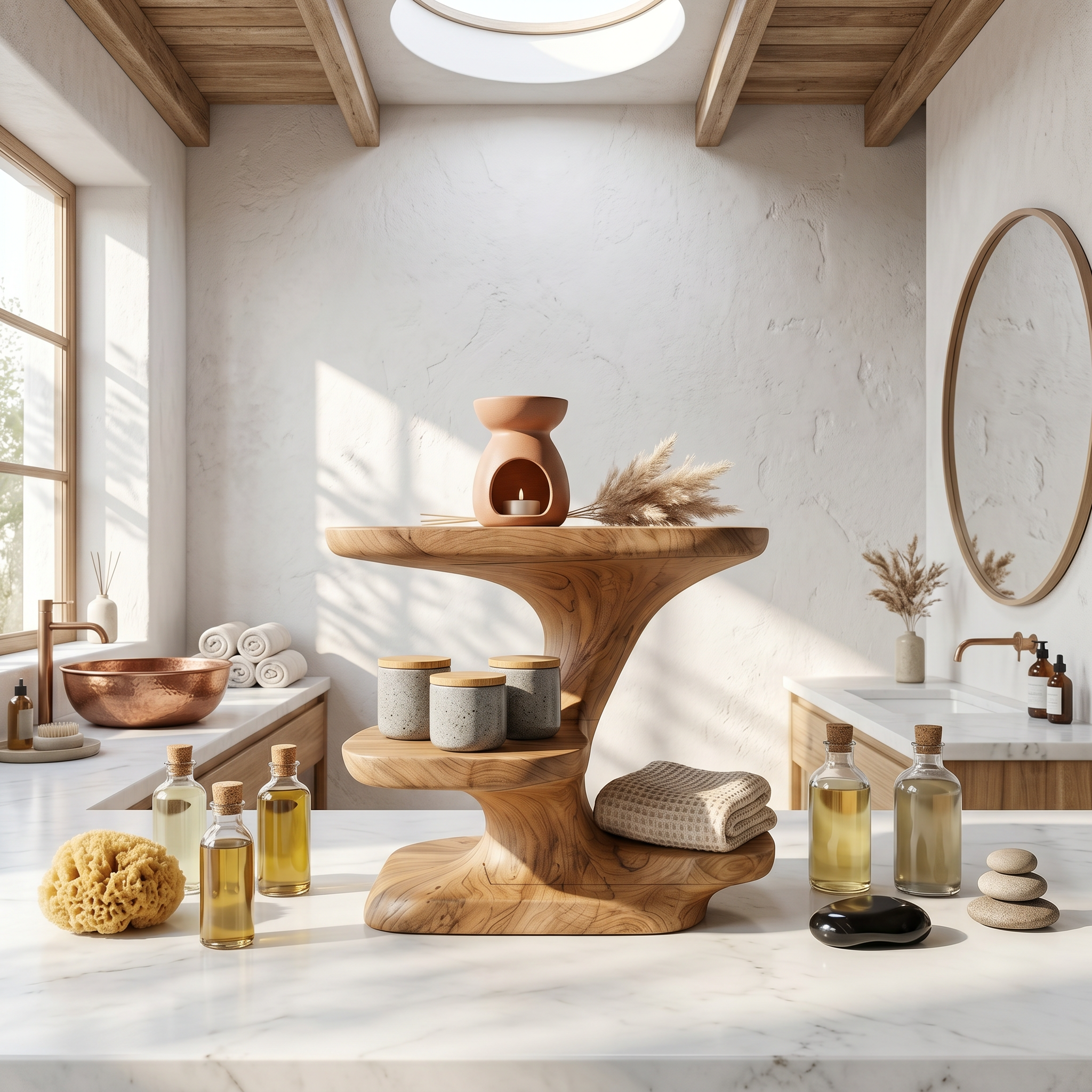 Modern Organic Bathroom Vanity Organizer With Tiered Wood Shelves For Bathroom SINLSABRD005