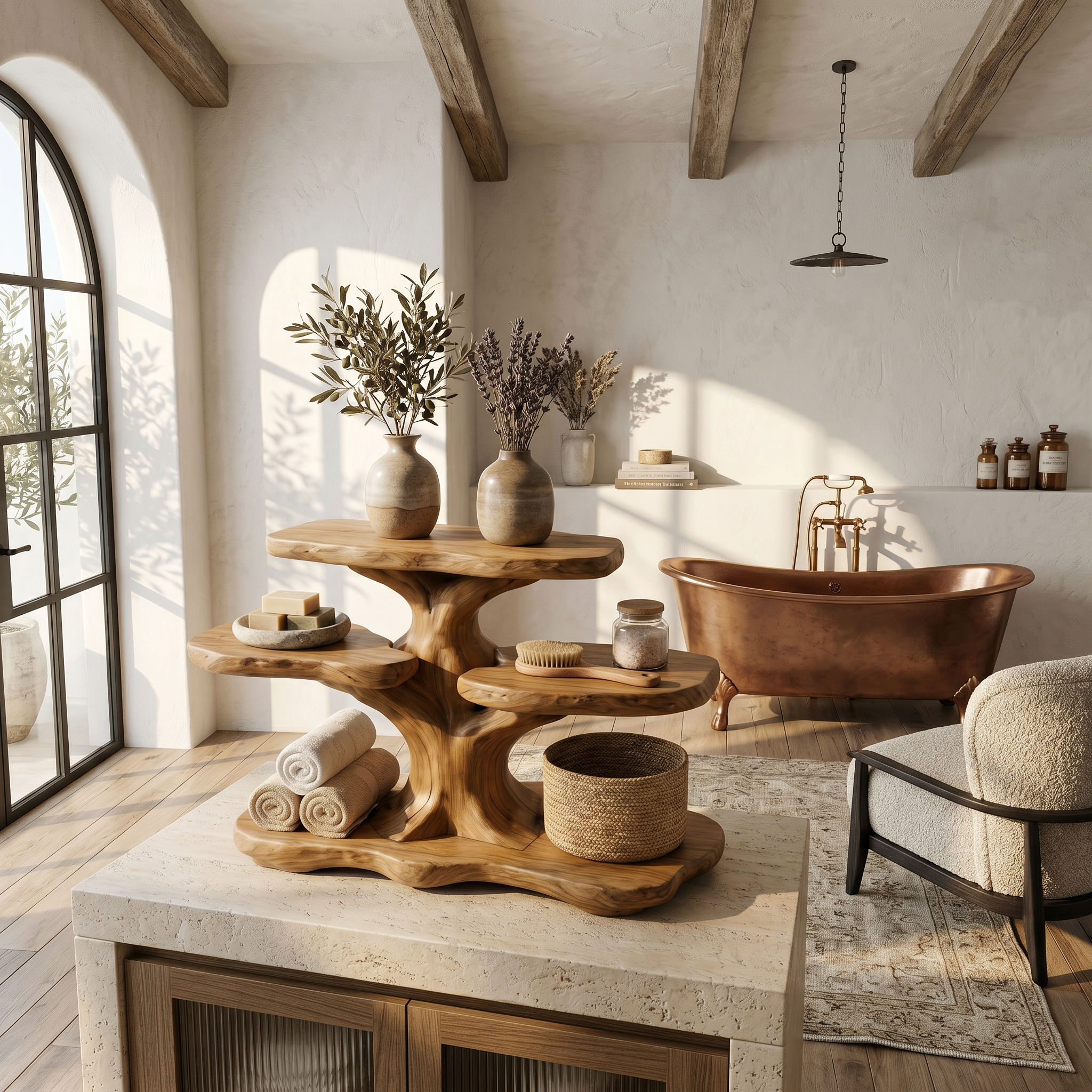 Contemporary Tree Bathroom Organizer With Floating Wood Shelves SINLSABRD012