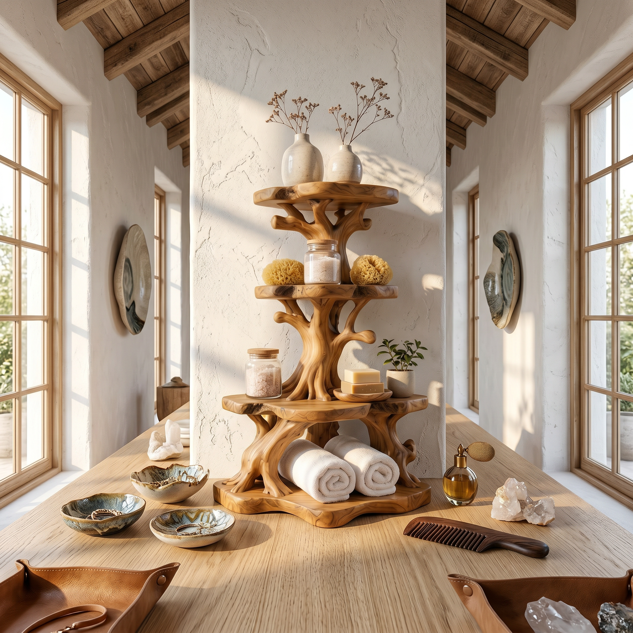 Rustic Bathroom Corner Shelf With Sculptural Wood Display Storage SINLSABRD019
