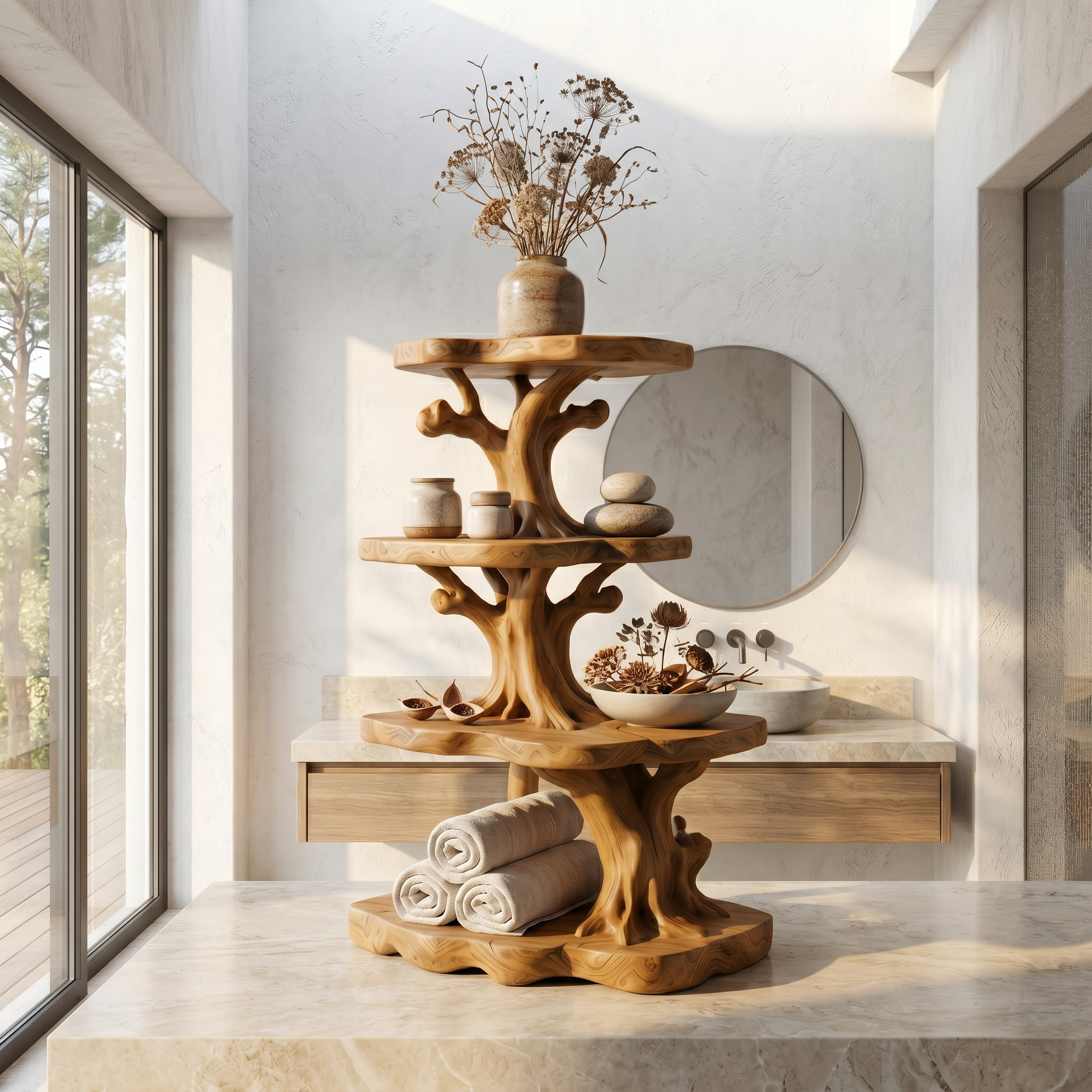 Handcrafted Wooden Bathroom Shelf With Nature Inspired Design For Bathroom SINLSABRD021