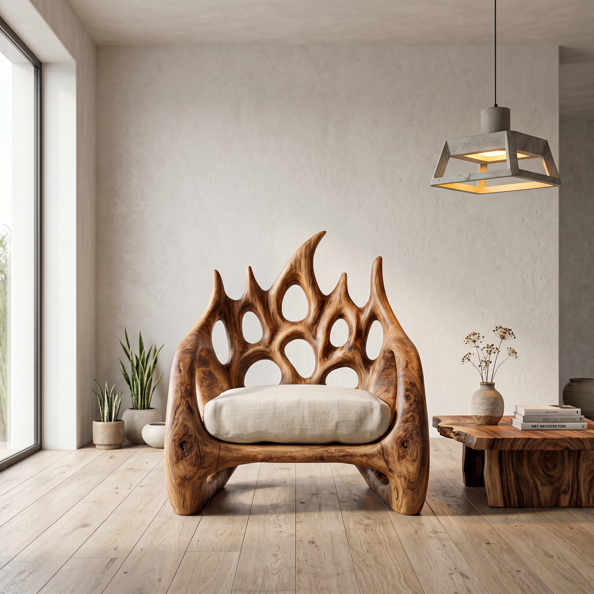 Contemporary Armchair With Organic Wood Silhouette For Living Room Decor SINLSA021