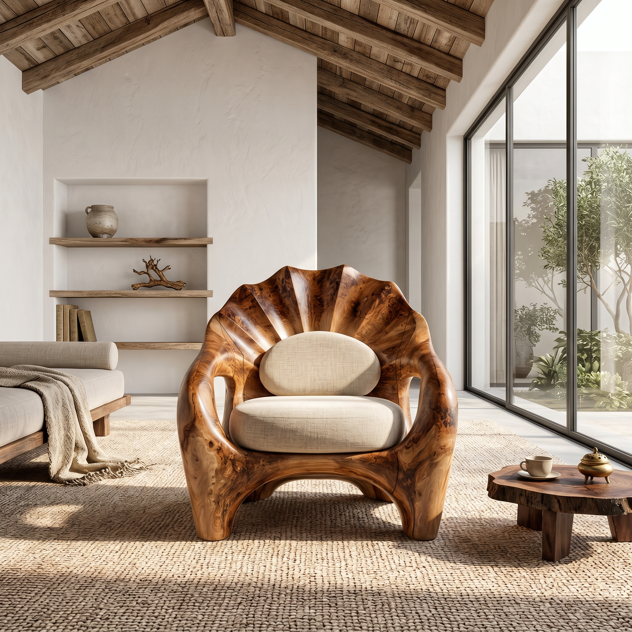 Nature Inspired Armchair With Sculptural Solid Wood Frame For Living Room And Bedroom SINLSAAC026