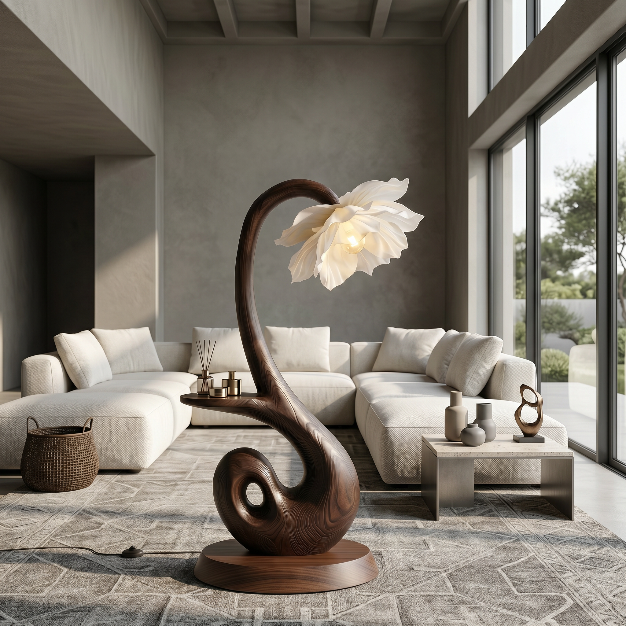Nature Inspired Floor Lamp With Blooming Flower Shade And Display Shel