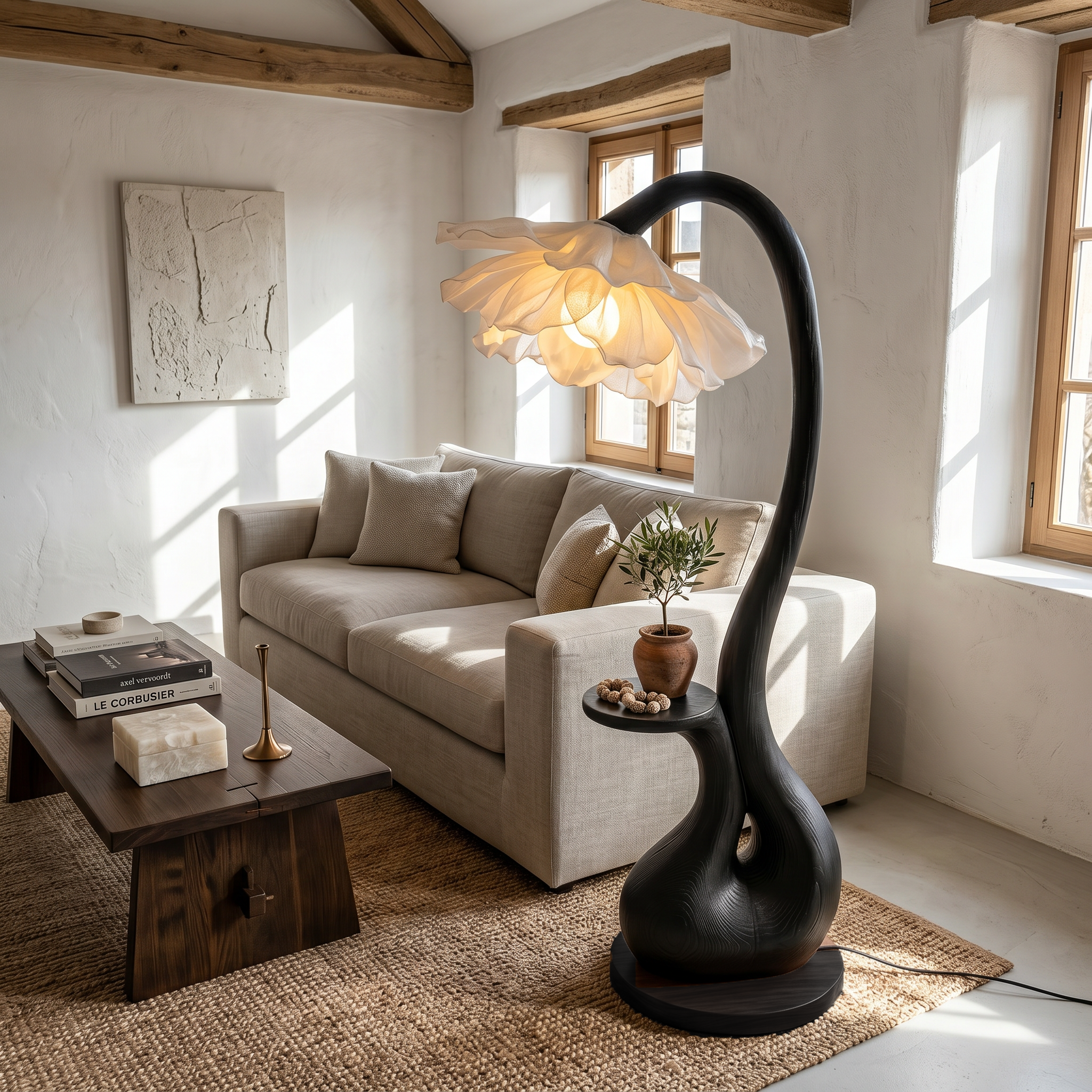 Modern Floor Lamp With Sculptural Curved Base And Display Shelf For Living Room SINLSAFLP128