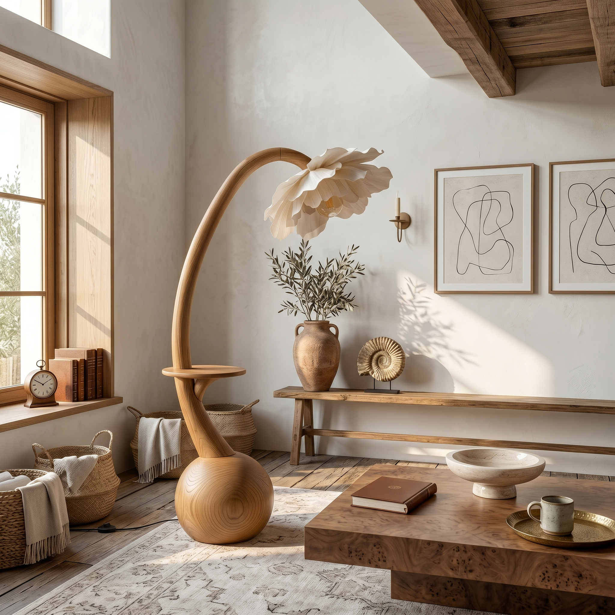 Sculptural Floor Lamp With Built In Shelf And Floral Shade For Living Room SINLSAFLP129