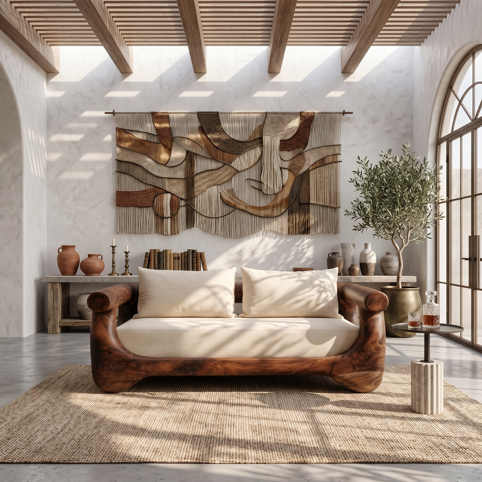 Modern Sofa With Sculptural Perforated Wood Frame For Living Room SINLSASF041
