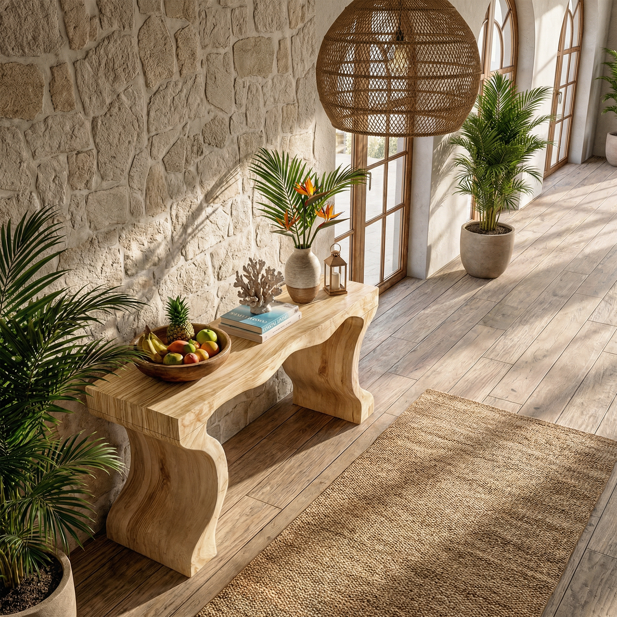 Sculptural Twin Base Console Table Solid Wood Organic Pedestal Form For Living Room SINLKICS554