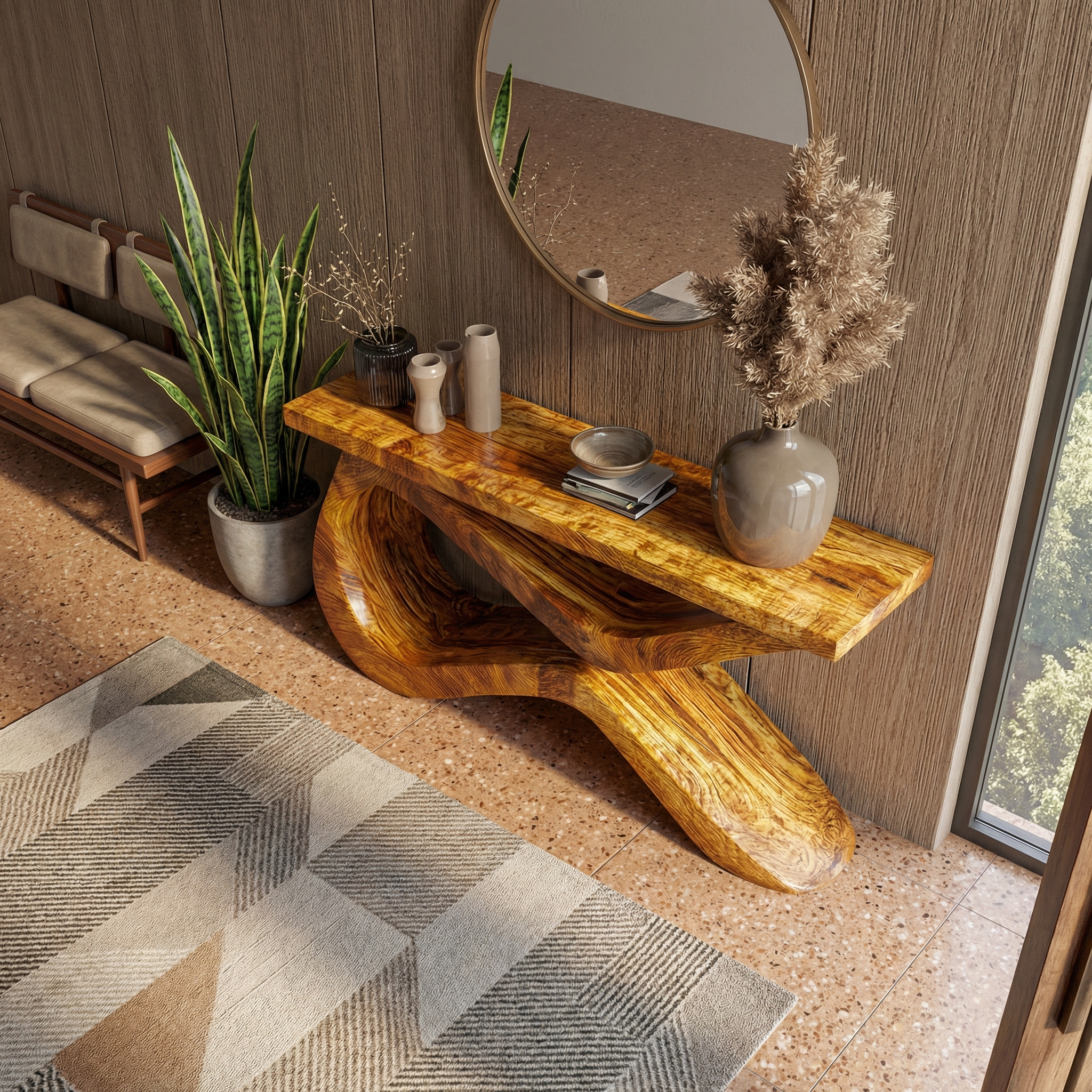 Infinity Loop Console Table Solid Wood Sculptural Flowing Design Entryway And Living Room SINLKICS556