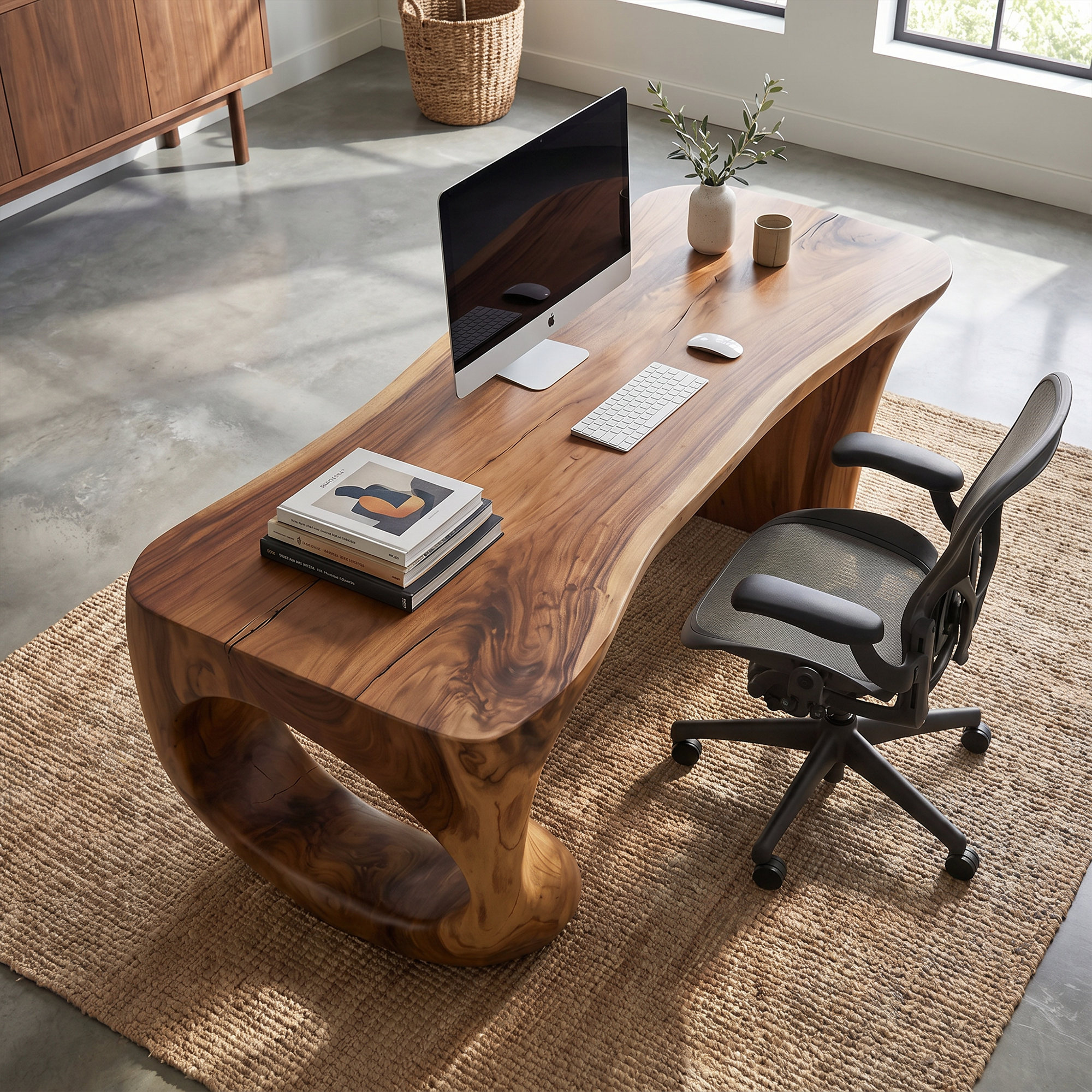 Contemporary Desk With Sculptural Loop Wood Base And Solid Wood Top For Home Office And Workspace SINLKIDK112