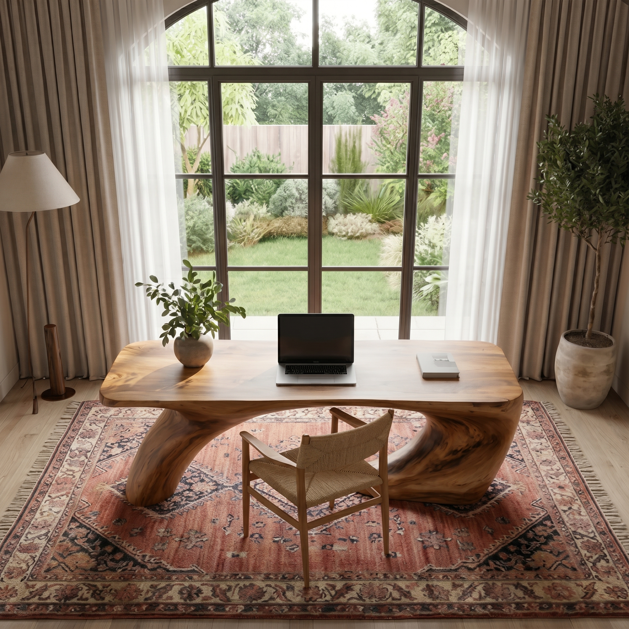 Modern Organic Desk With Sculptural Curved Wood Base And Solid Wood Top For Home Office And Workspace SINLKIDK113