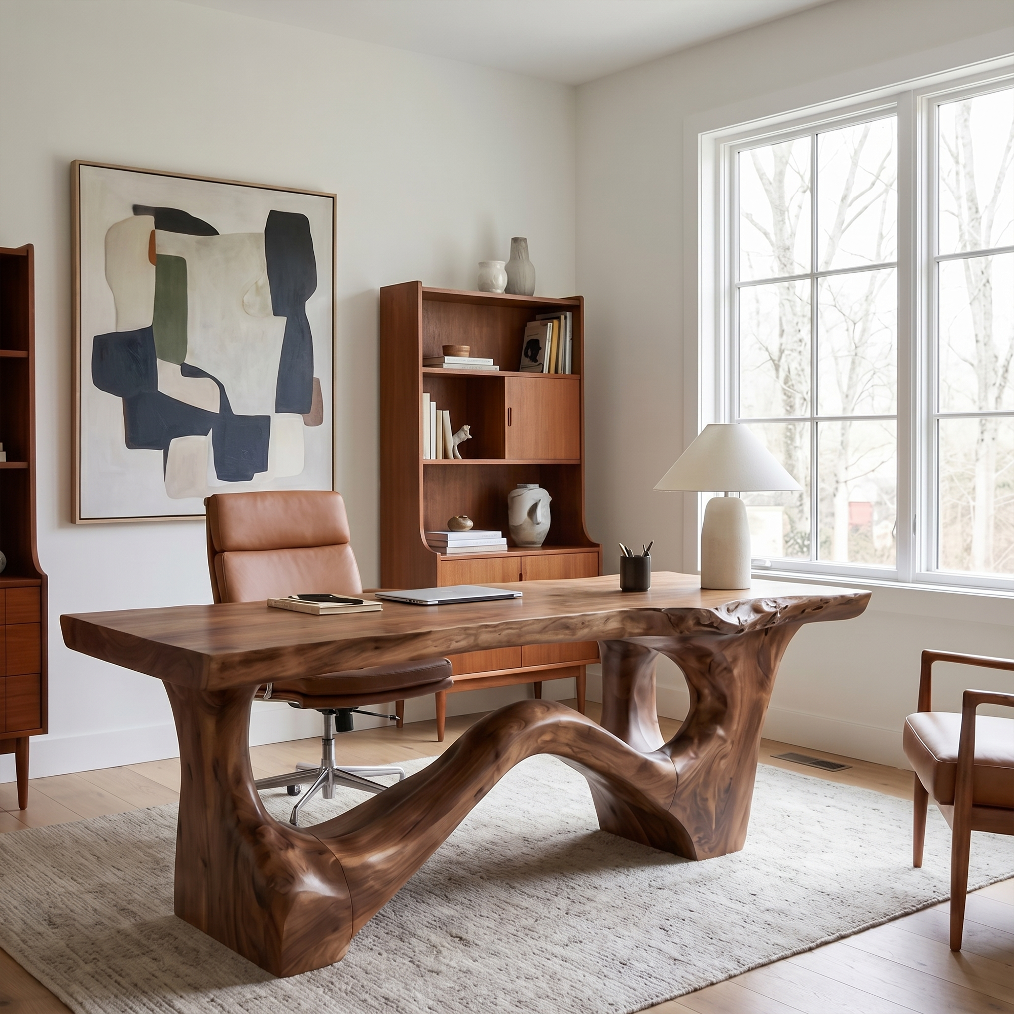 Organic Sculptural Desk With Asymmetrical Wood Base And Solid Wood Top For Home Office And Workspace SINLKIDK114