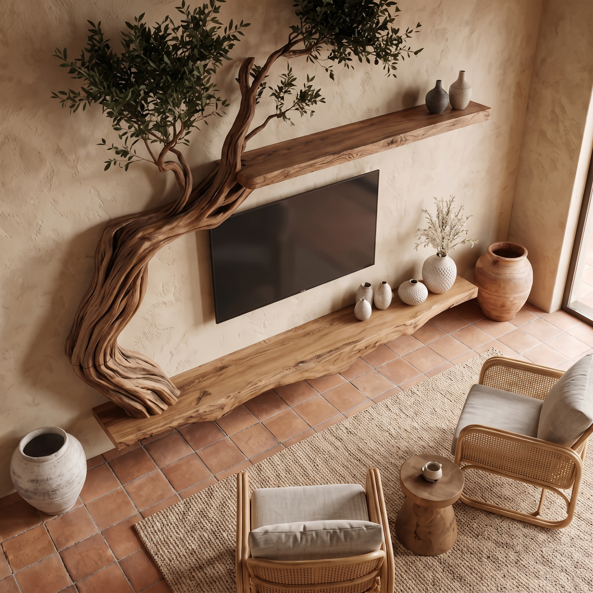 Organic Wall Mounted TV Stand With Sculptural Wood Design For Living Room SINLKITC078